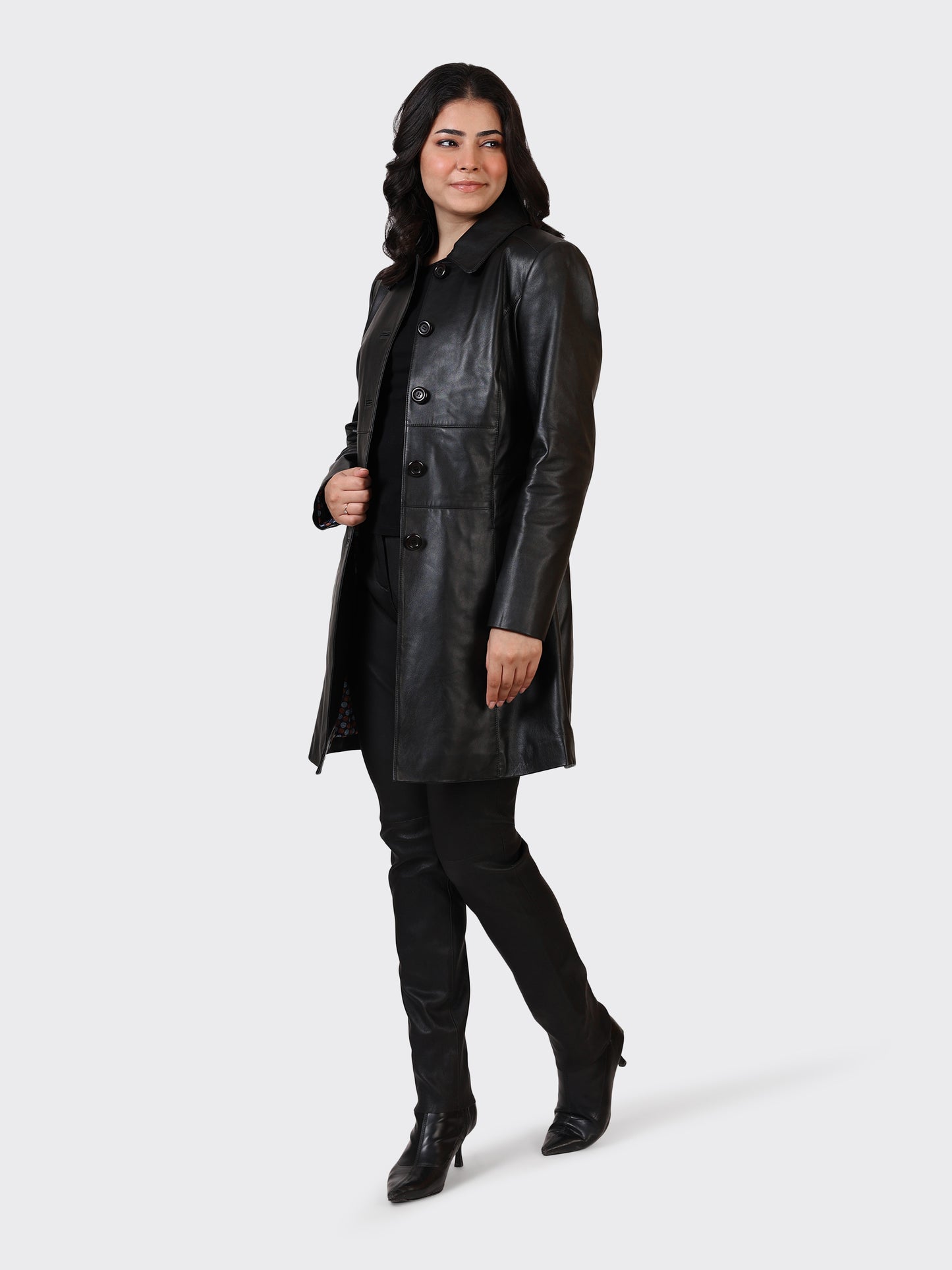 LADIES KNEE-LENGTH LEATHER JACKET-BLACK