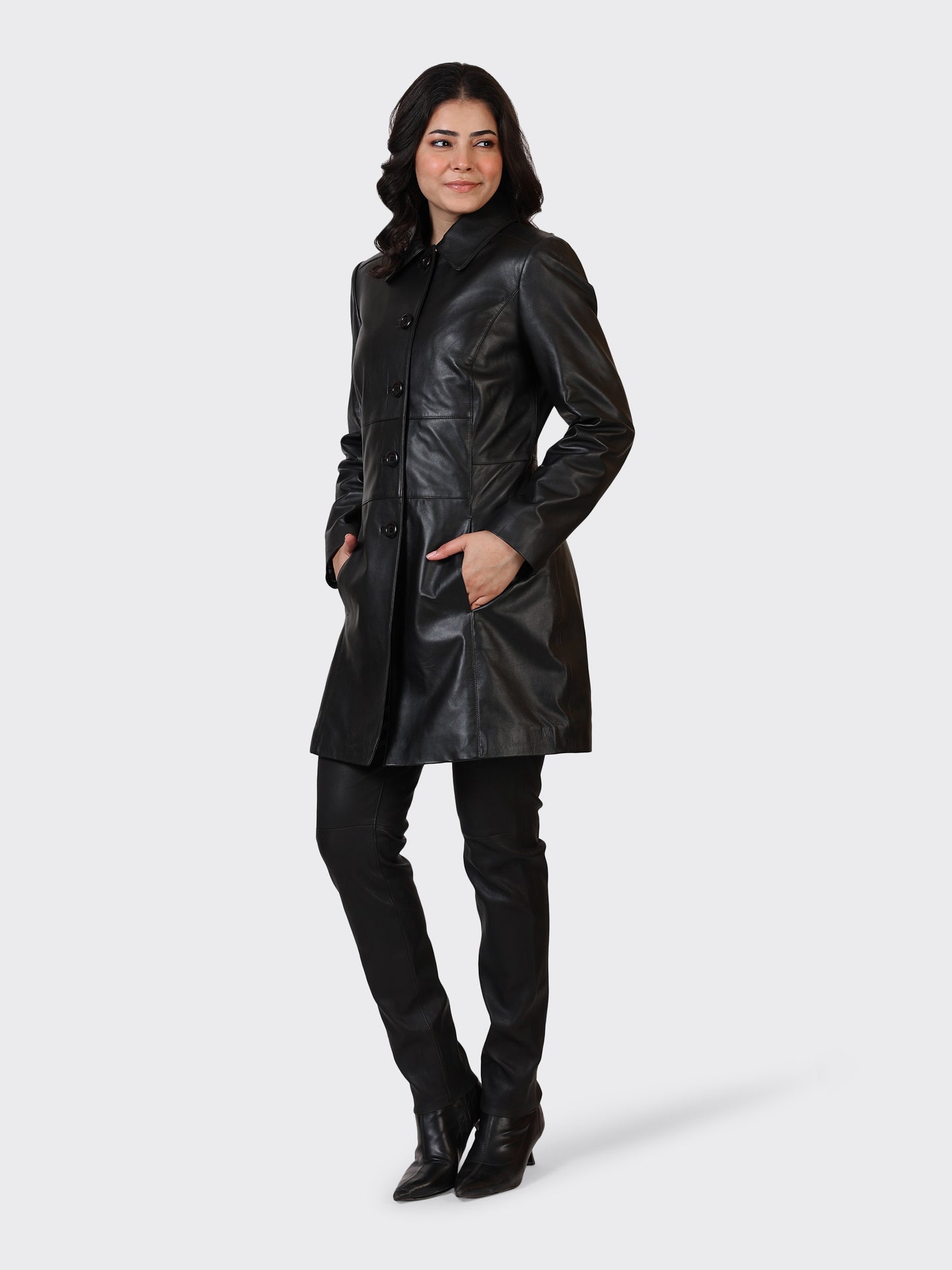 LADIES KNEE-LENGTH LEATHER JACKET-BLACK