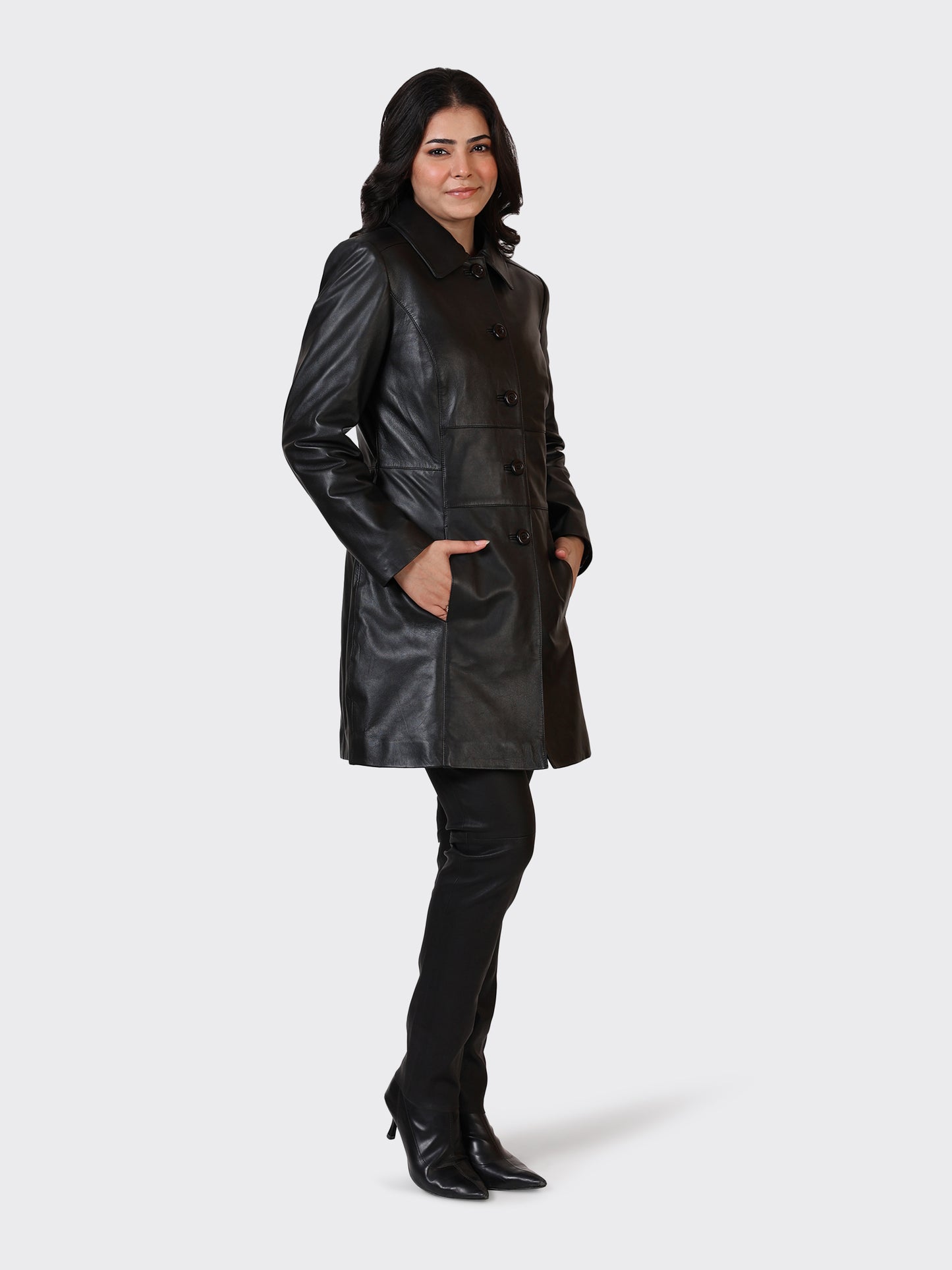LADIES KNEE-LENGTH LEATHER JACKET-BLACK