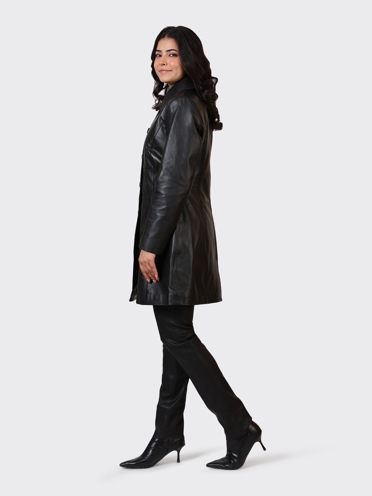LADIES KNEE-LENGTH LEATHER JACKET-BLACK