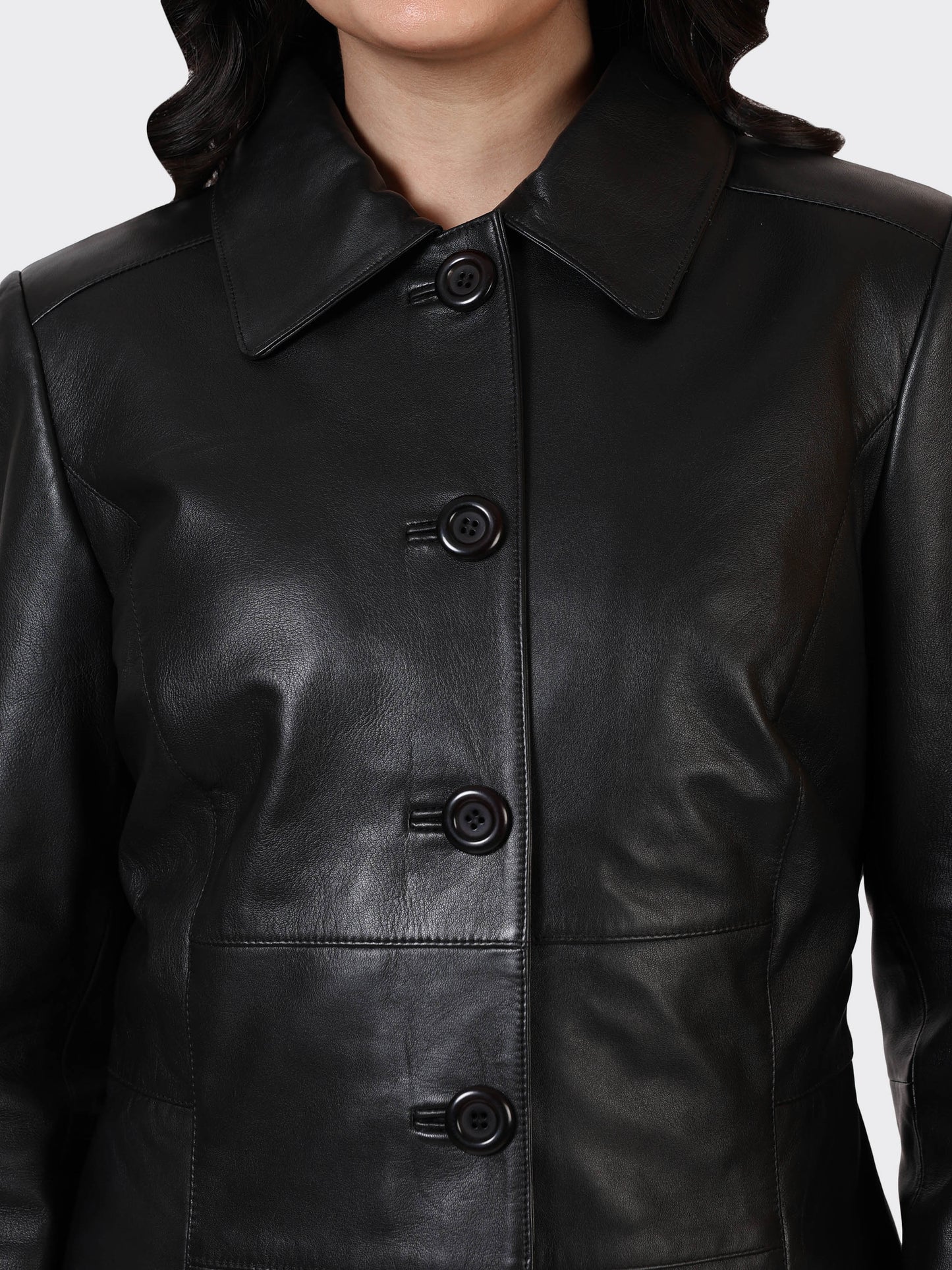 LADIES KNEE-LENGTH LEATHER JACKET-BLACK