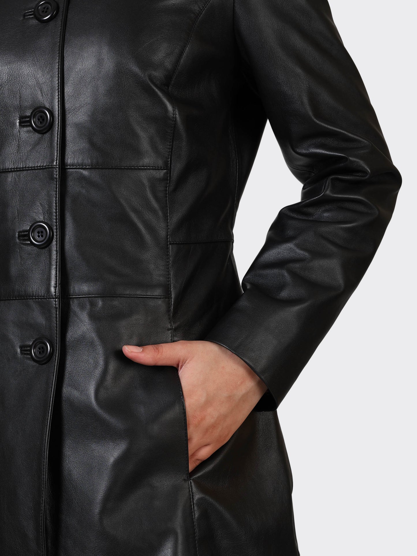 LADIES KNEE-LENGTH LEATHER JACKET-BLACK