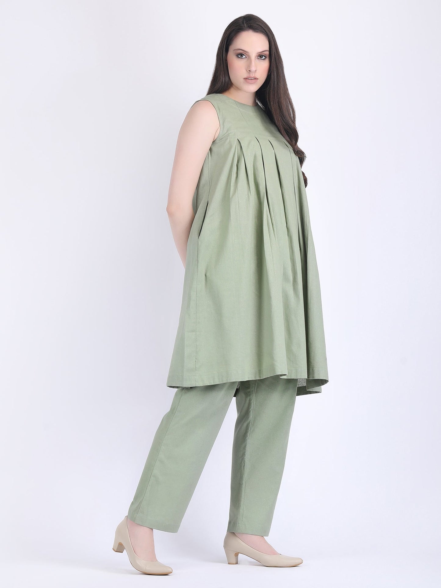 COTTON FLEX COMFORT WEAR BOX PLEATED DRESS CUM KURTA SET WITH STRAIGHT PANTS IN MINERAL GREEN