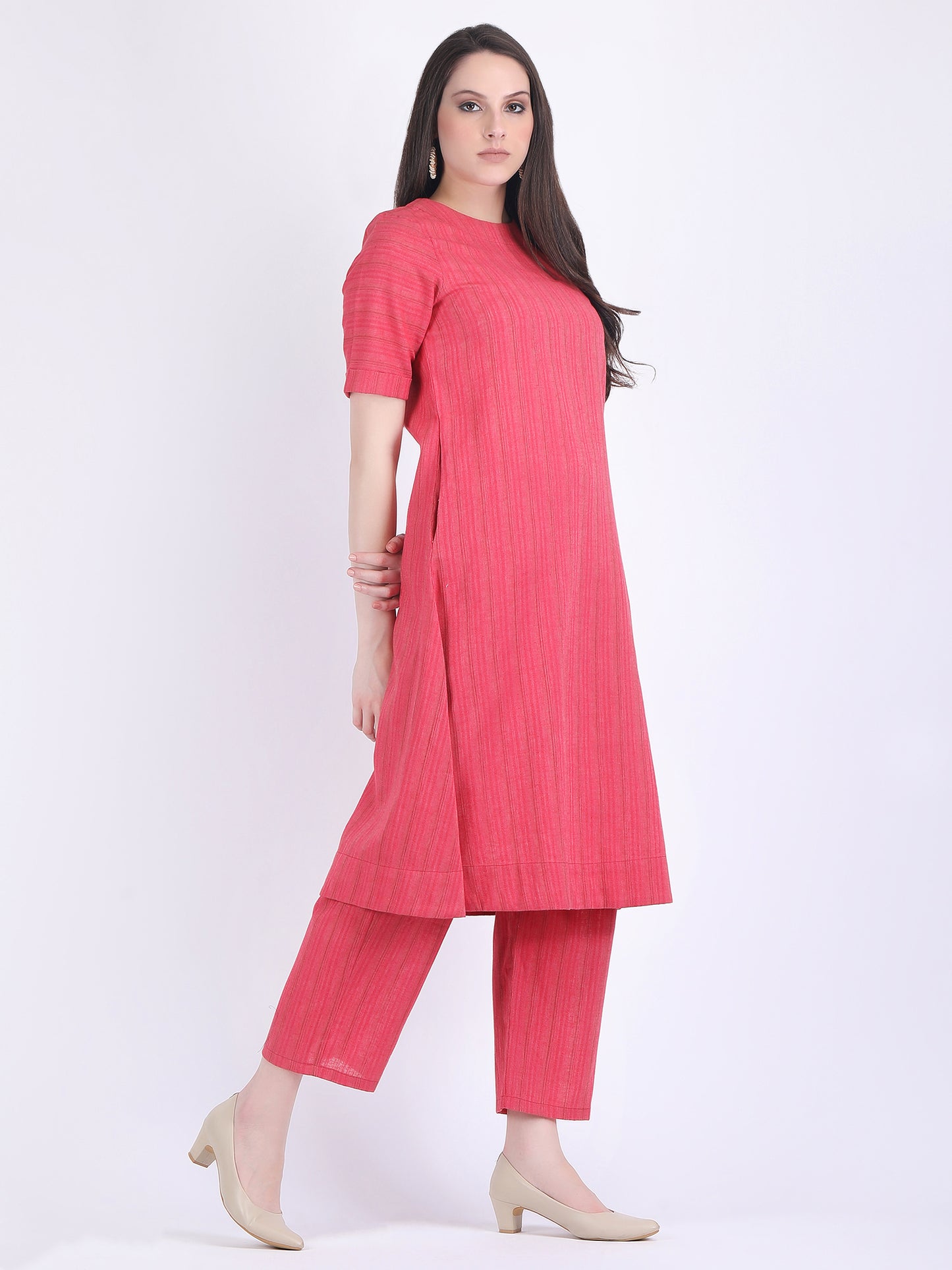 COTTON SELF STRIPED A LINE KURTA SET RASPBERRY WINE