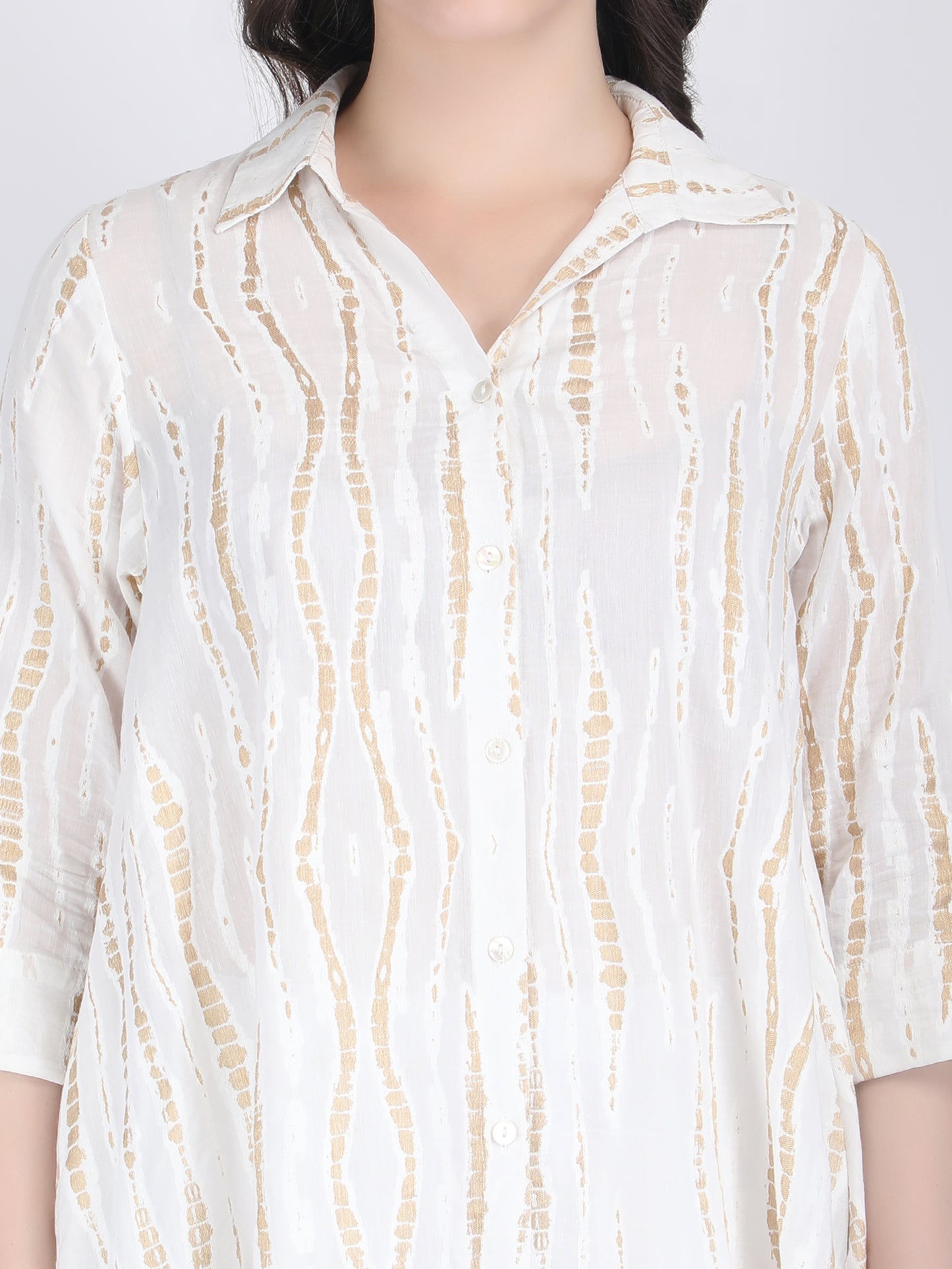 COTTON A LINE TUNIC CUM SHORT DRESS WITH WHITE AND GOLD PATTERN