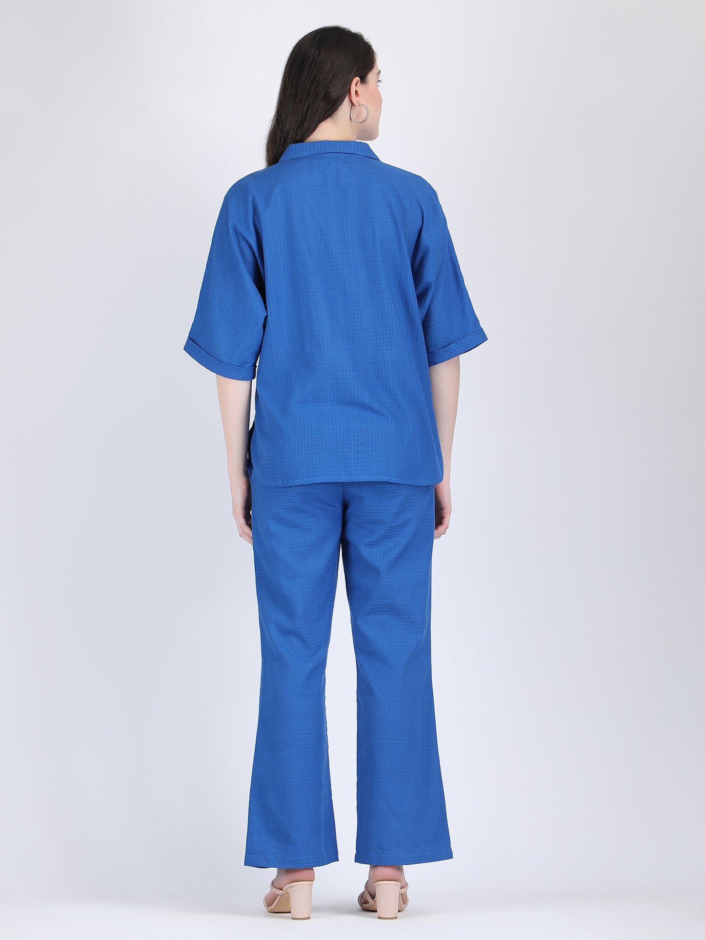 COTTON CHECK COLLARED CHEST POCKETS COORD SET DIVA BLUE