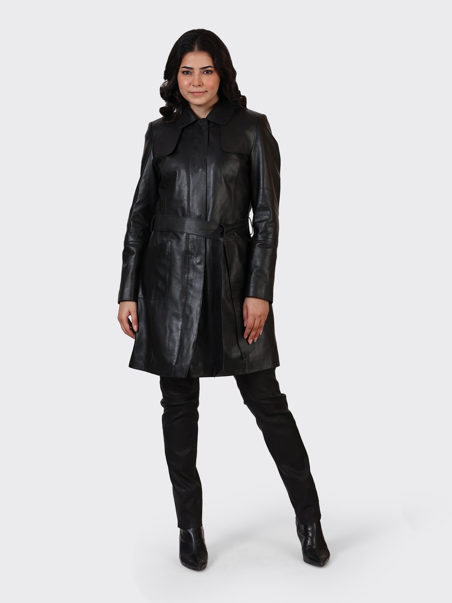 LADIES KNEE-LENGTH LEATHER JACKET-BLACK