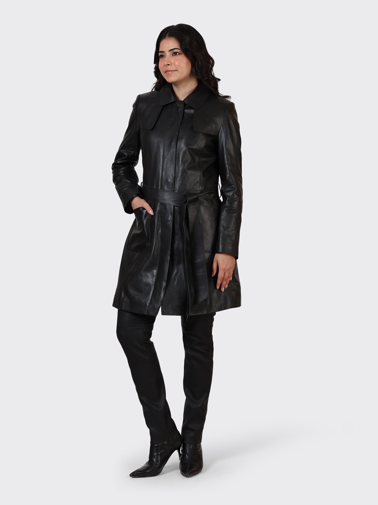 LADIES KNEE-LENGTH LEATHER JACKET-BLACK
