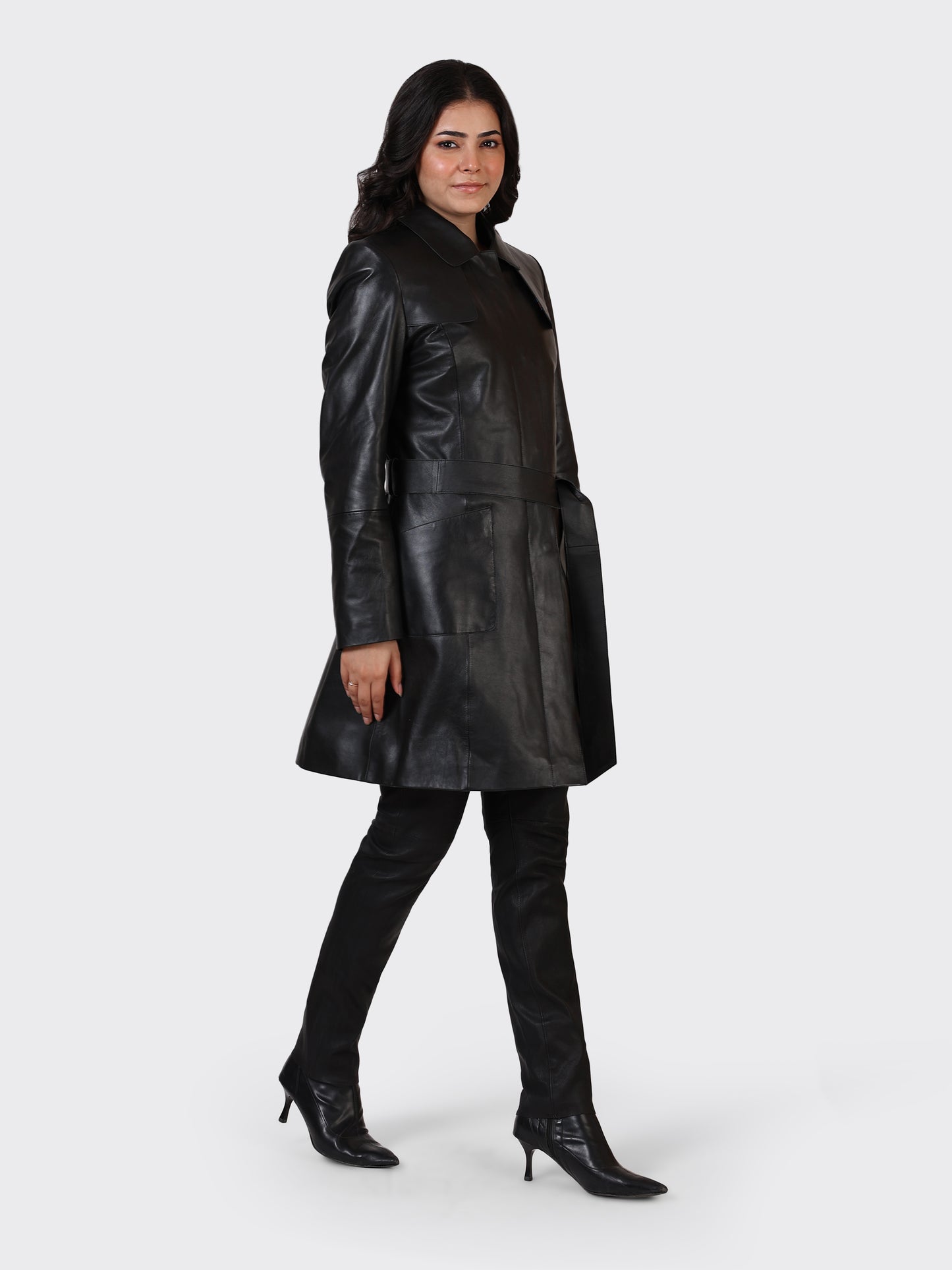 LADIES KNEE-LENGTH LEATHER JACKET-BLACK