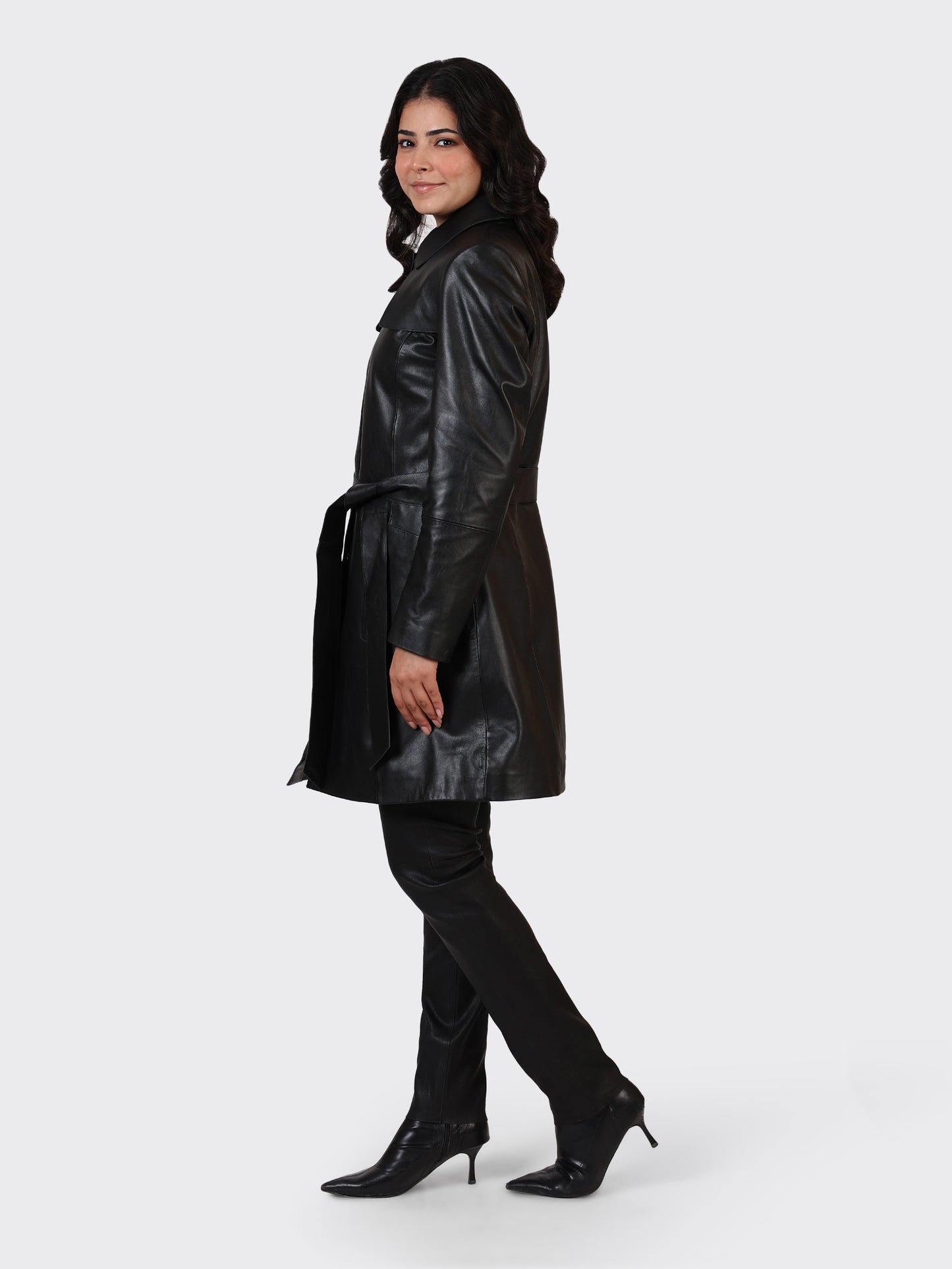 LADIES KNEE-LENGTH LEATHER JACKET-BLACK