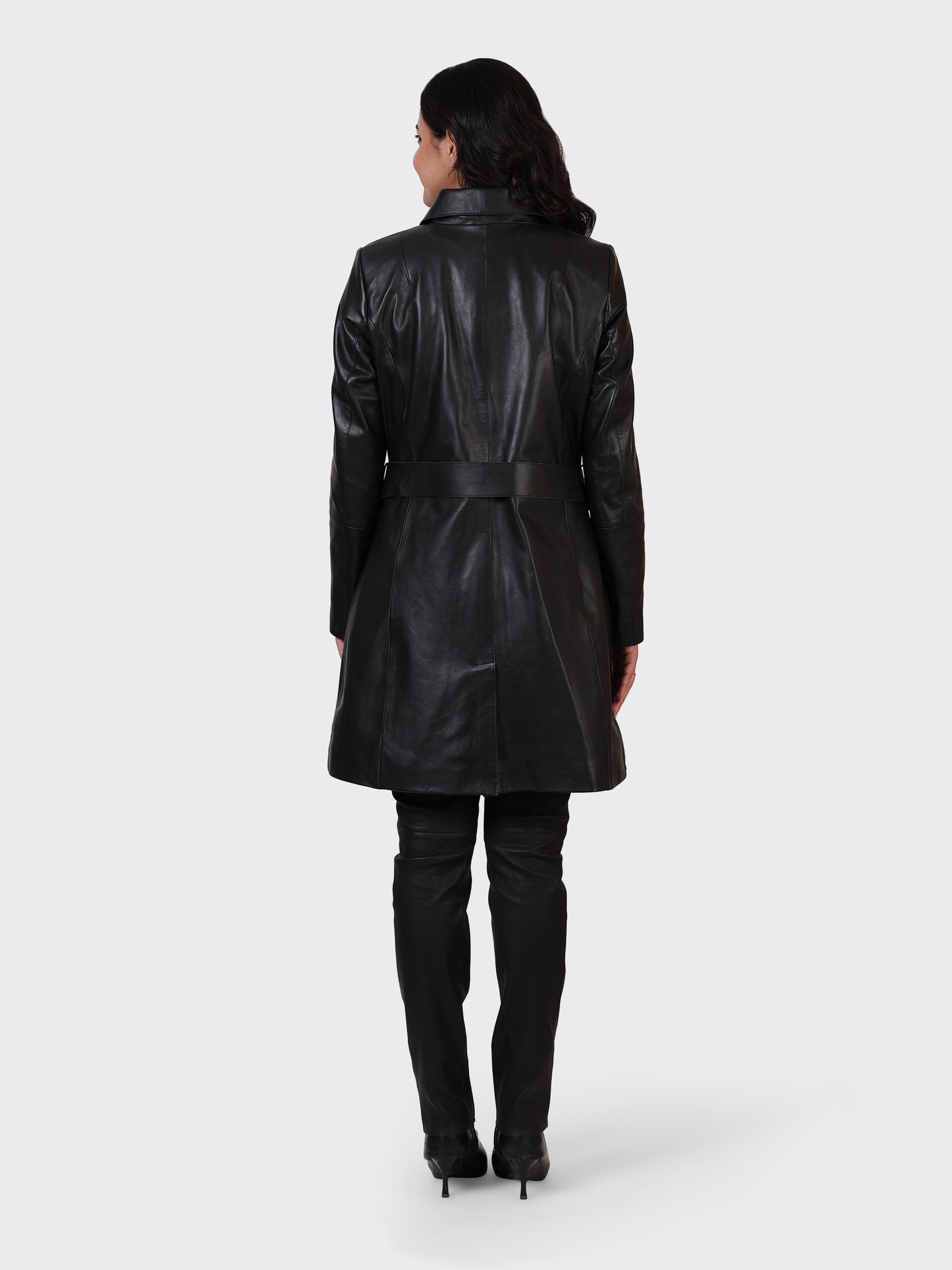 LADIES KNEE-LENGTH LEATHER JACKET-BLACK
