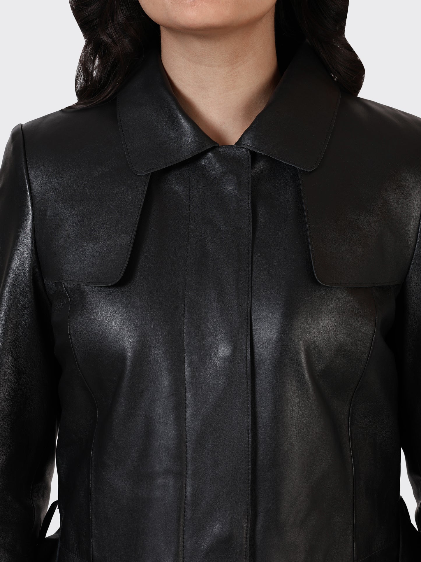 LADIES KNEE-LENGTH LEATHER JACKET-BLACK