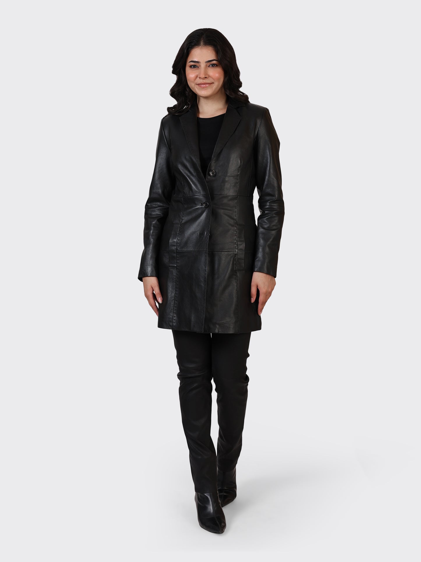 LADIES KNEE-LENGTH LEATHER JACKET-BLACK