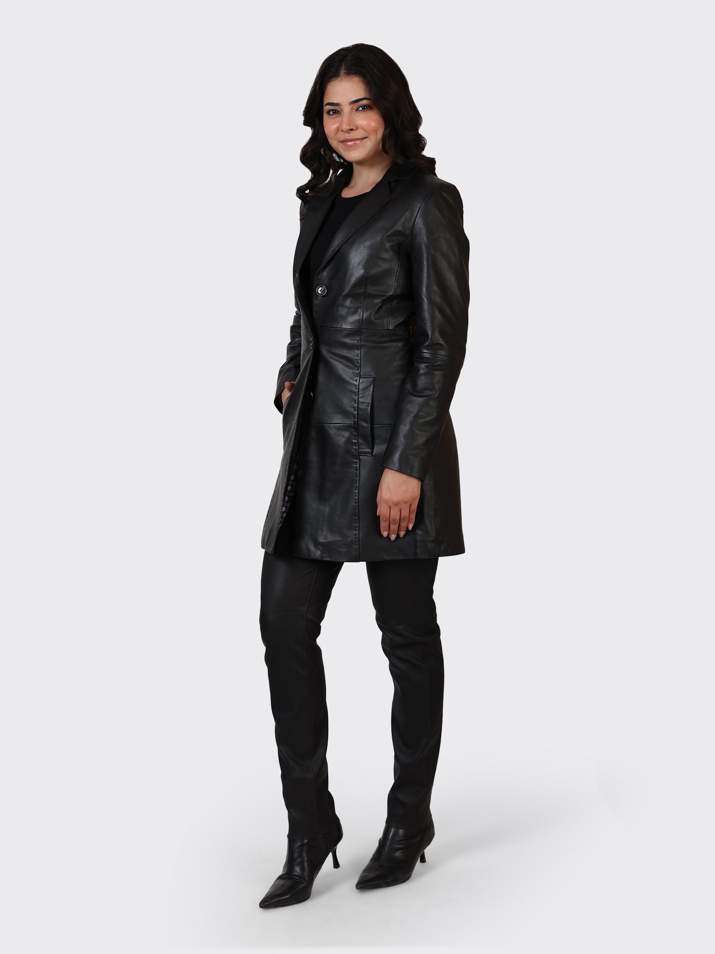 LADIES KNEE-LENGTH LEATHER JACKET-BLACK