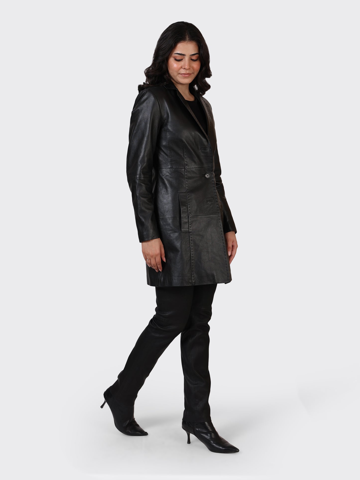 LADIES KNEE-LENGTH LEATHER JACKET-BLACK