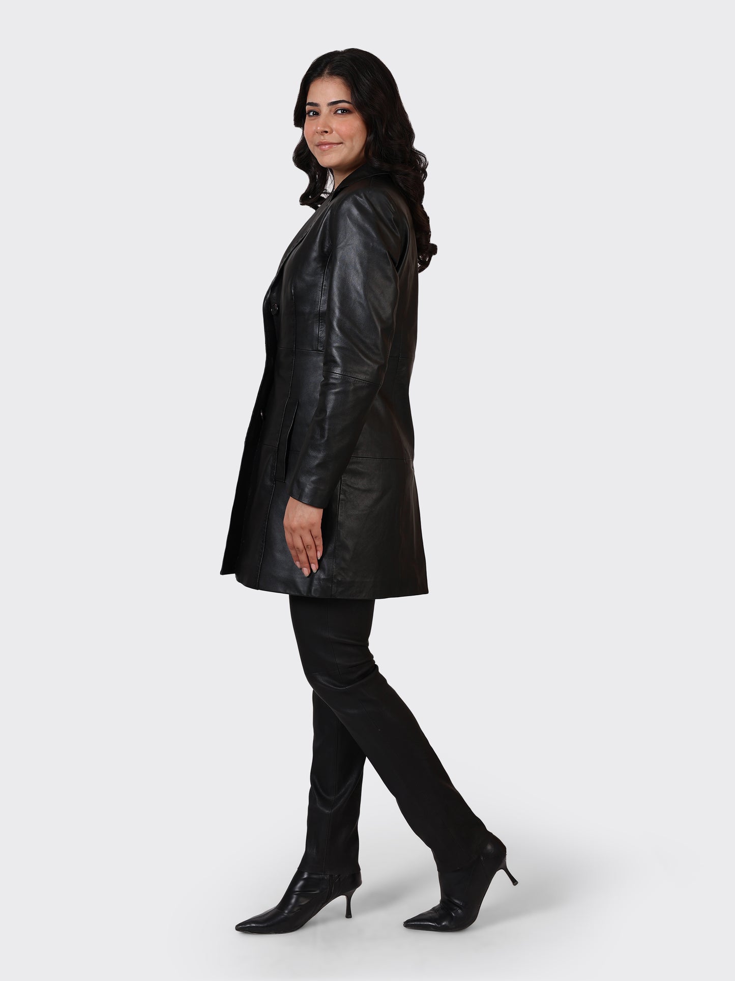 LADIES KNEE-LENGTH LEATHER JACKET-BLACK