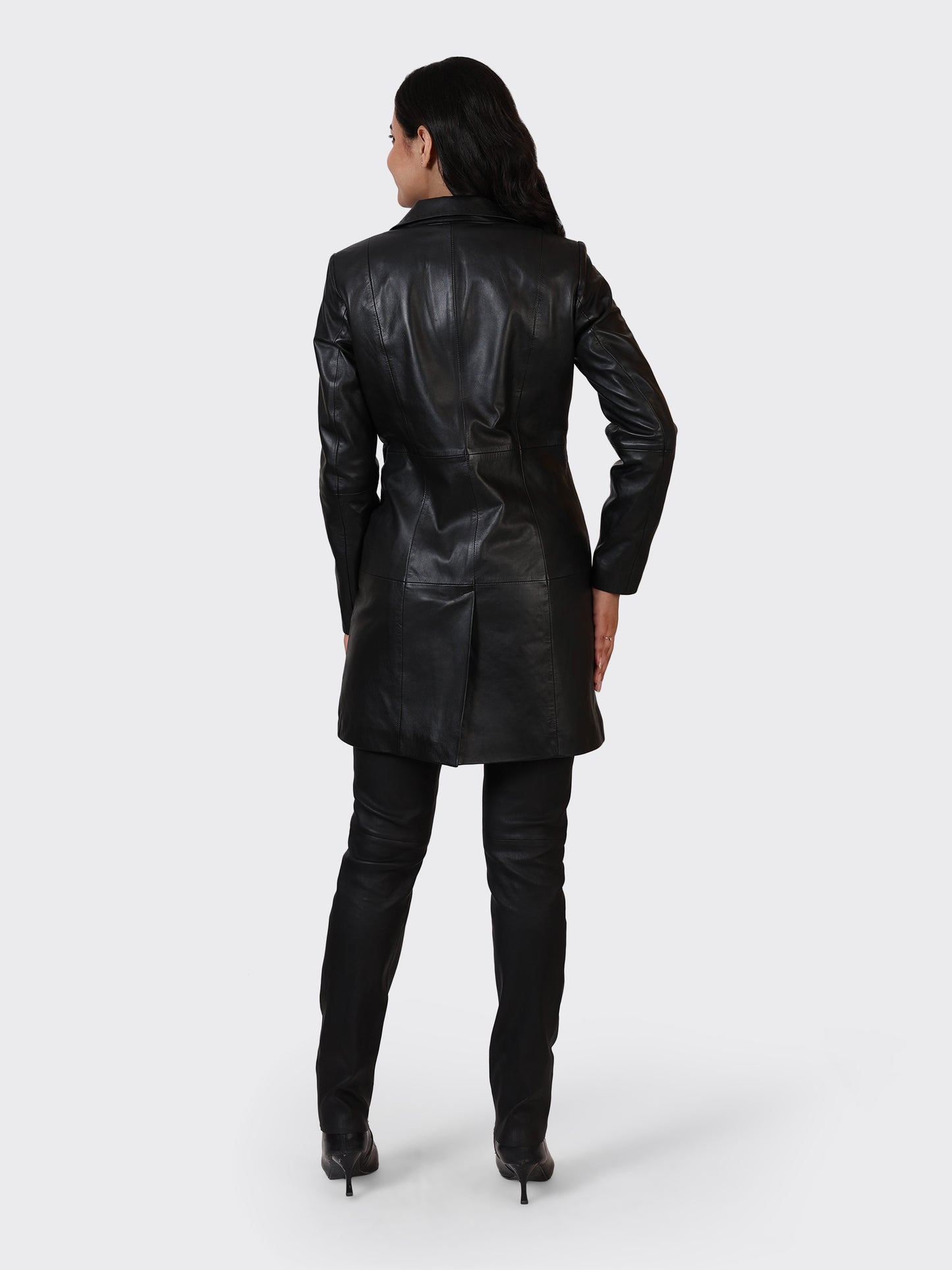 LADIES KNEE-LENGTH LEATHER JACKET-BLACK