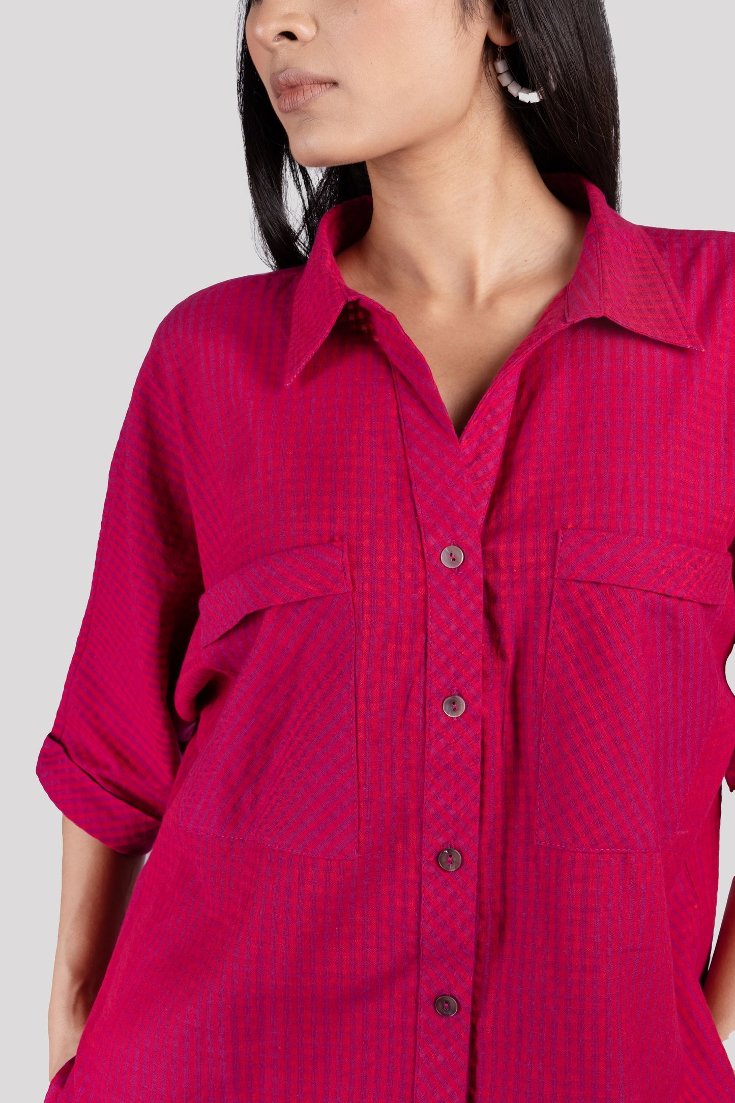 Cotton Check Collared Chest Pockets COORD Set - Wine