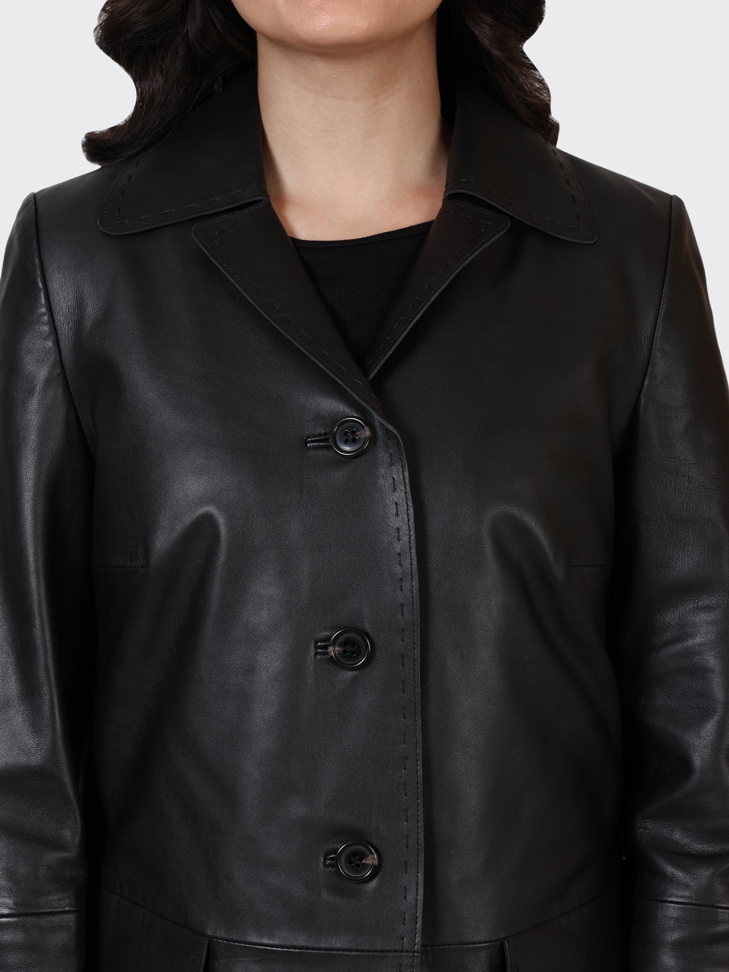 LADIES KNEE-LENGTH LEATHER JACKET-BLACK