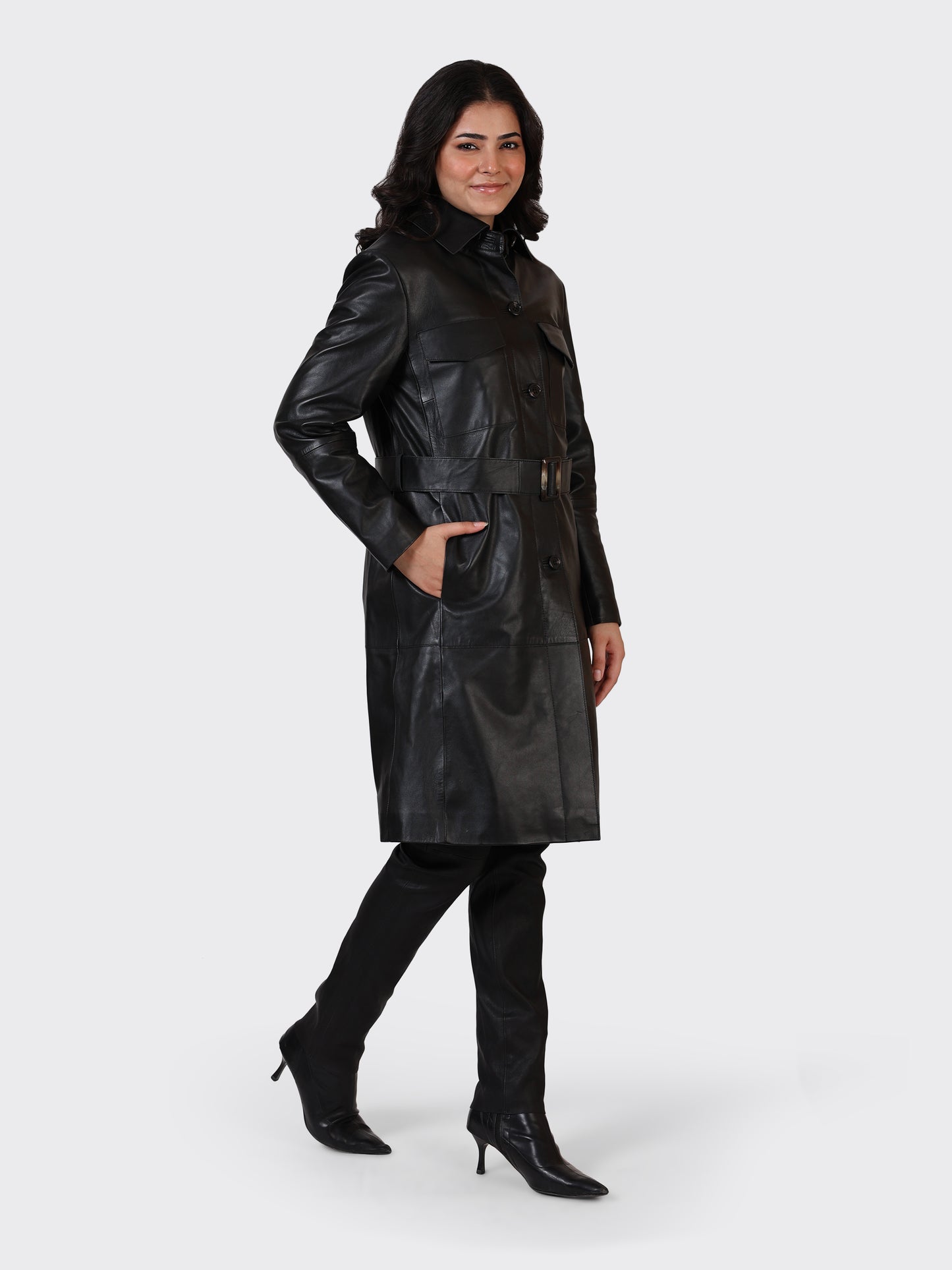 LADIES KNEE-LENGTH LEATHER JACKET-BLACK