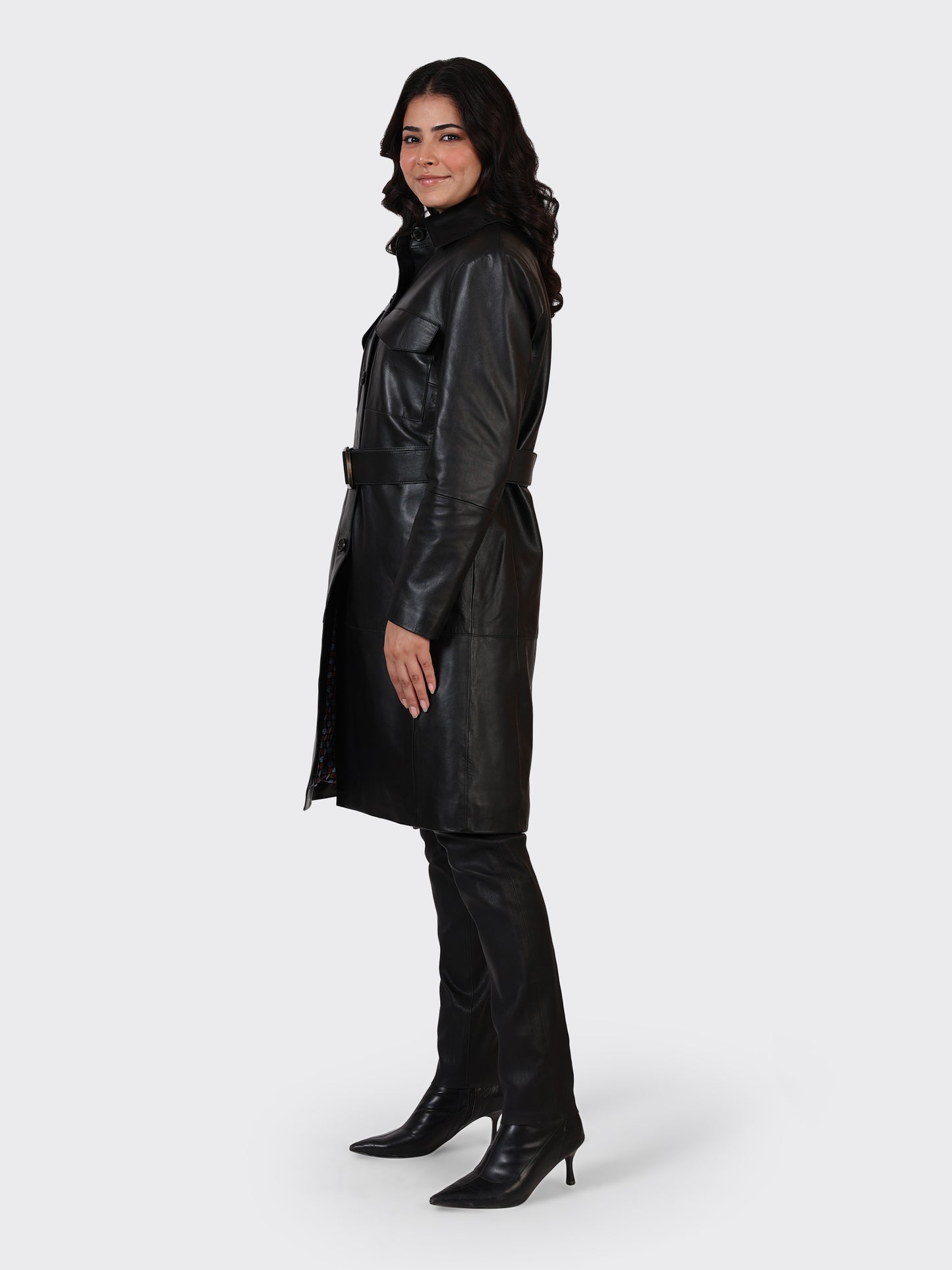 LADIES KNEE-LENGTH LEATHER JACKET-BLACK