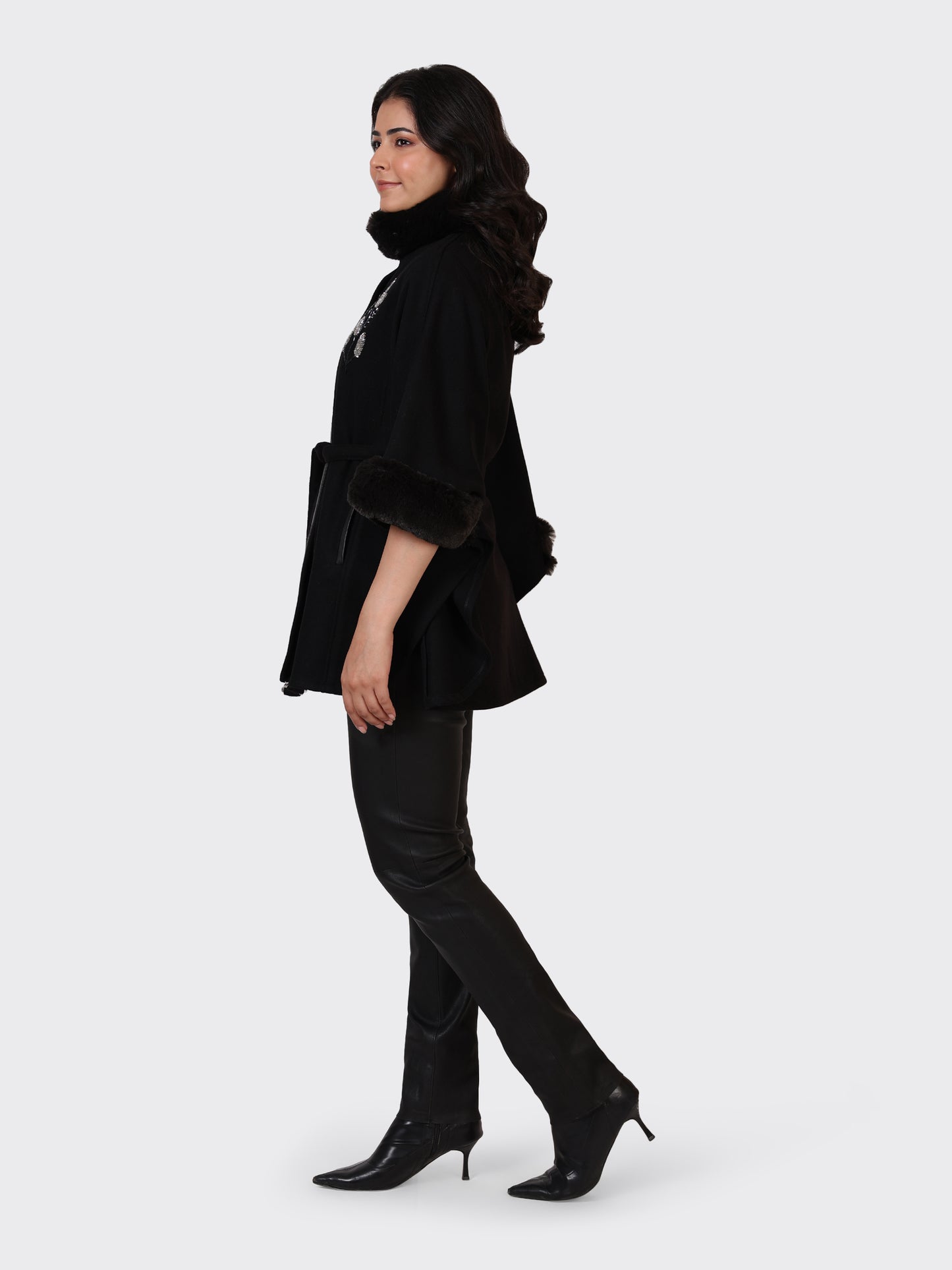 LADIES CAPE WOOLLEN JACKET-EMB BLACK