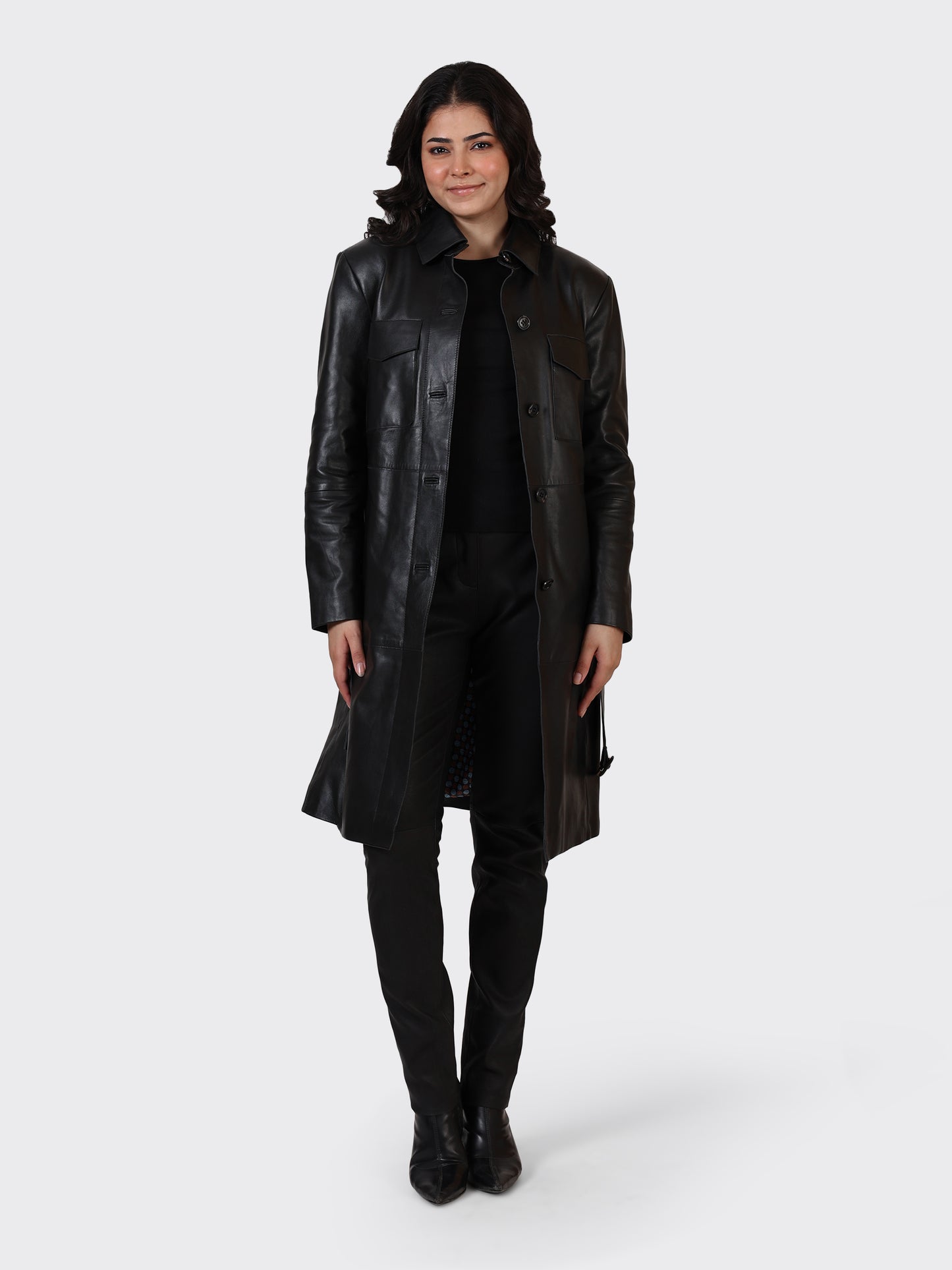 LADIES KNEE-LENGTH LEATHER JACKET-BLACK