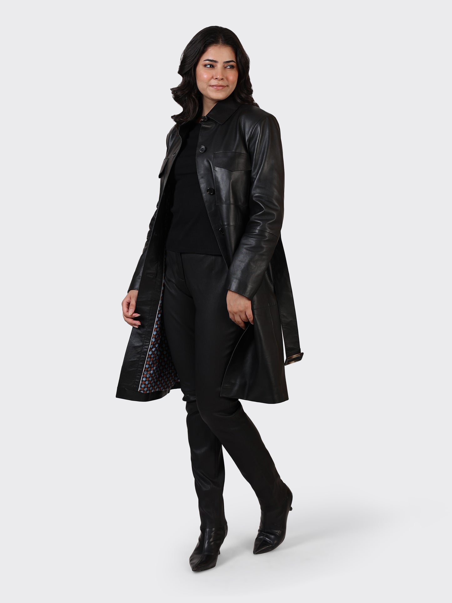 LADIES KNEE-LENGTH LEATHER JACKET-BLACK