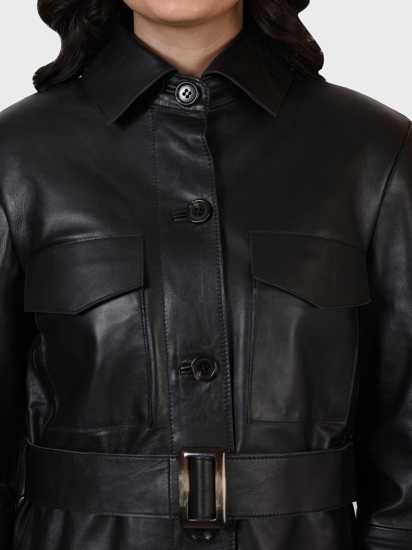 LADIES KNEE-LENGTH LEATHER JACKET-BLACK