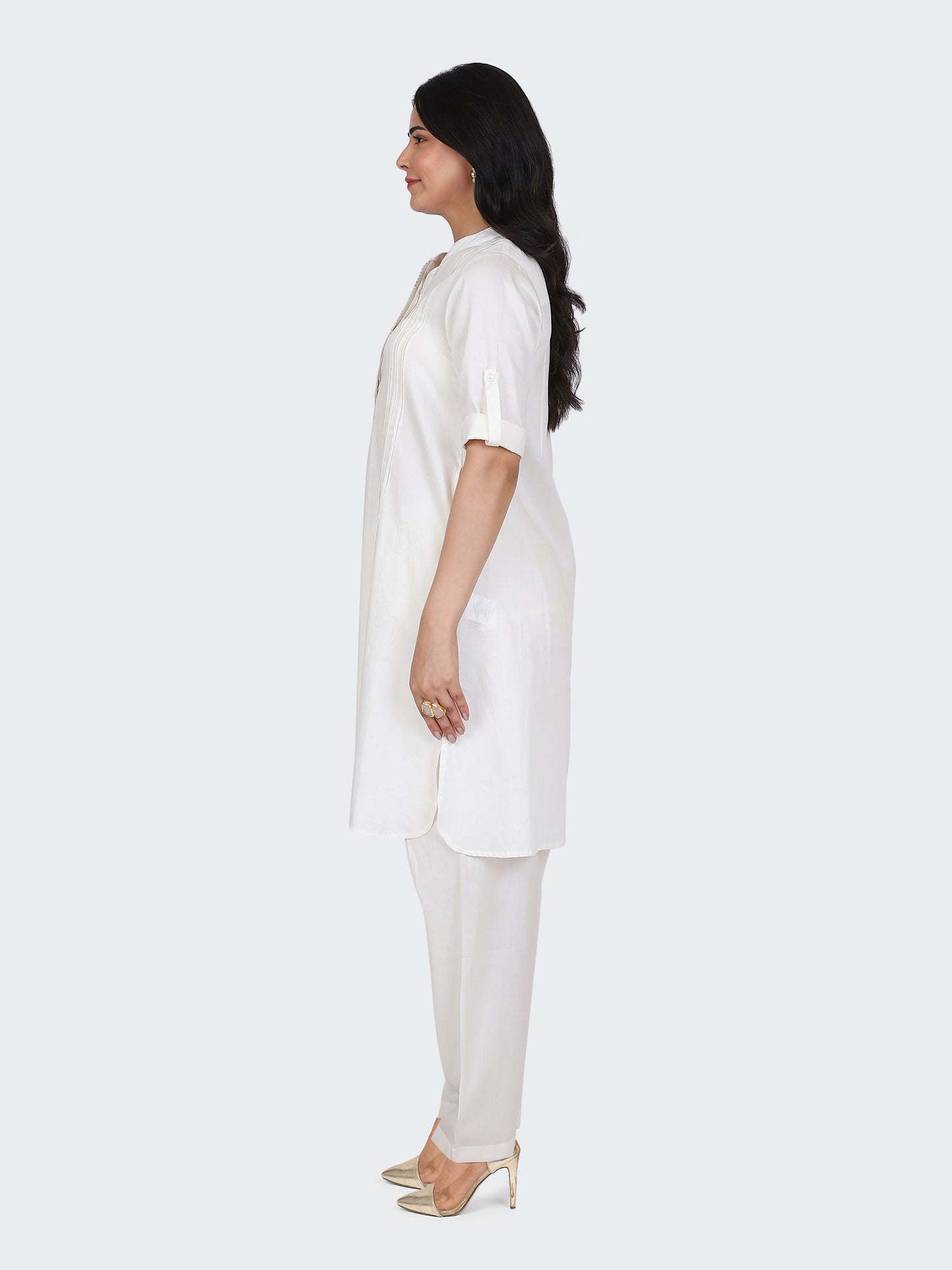 KURTA SET FEATURING FRONT EMBROIDERY AND SALWAR-CREAM