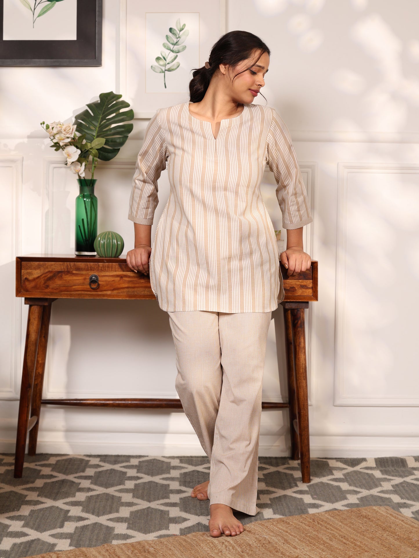 FINE COTTON COMFORTABLE CO-ORD SET-BEIGE