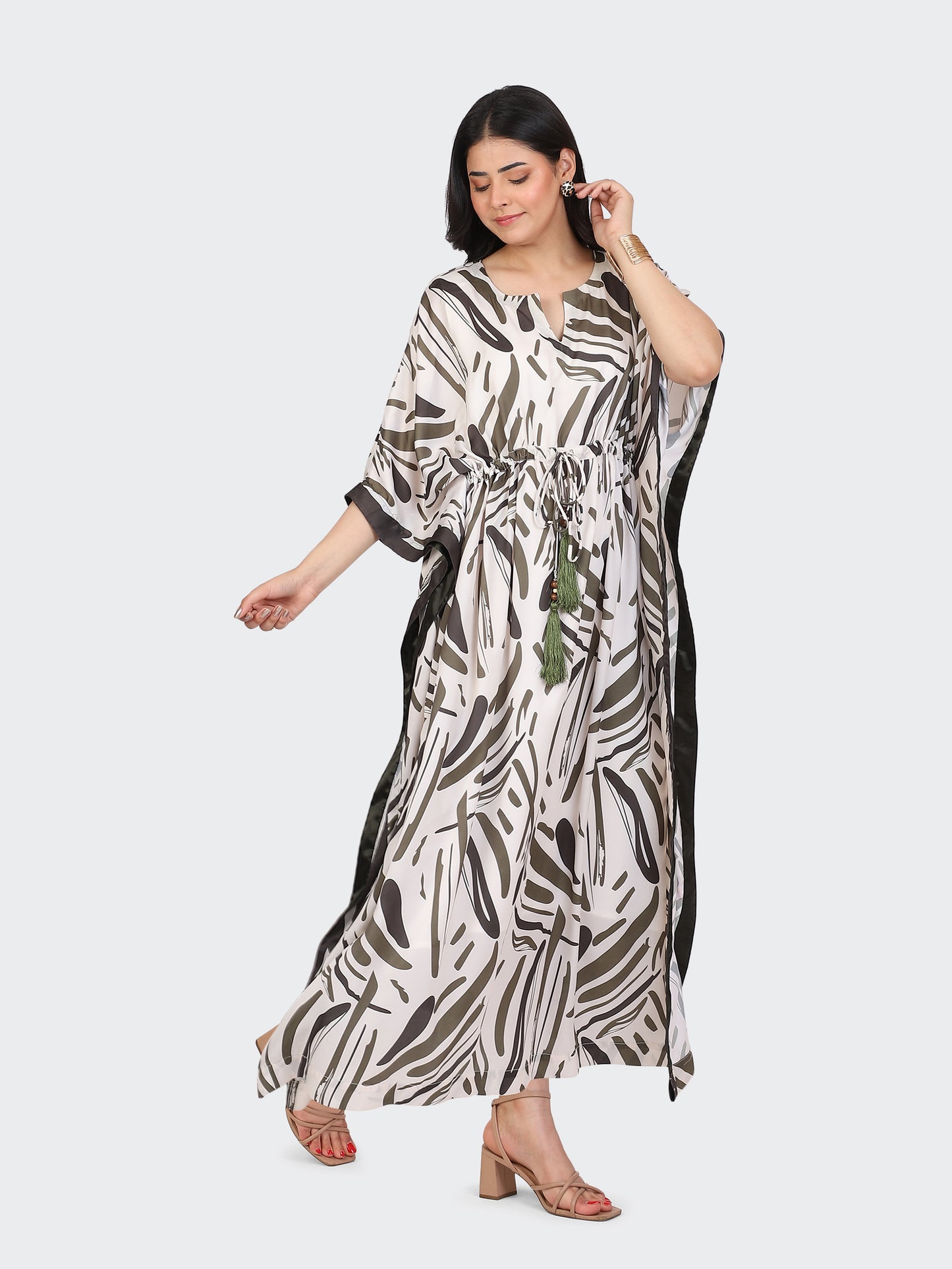 FLOOR-LENGTH KAFTAN DRESS FEATURING STRING AT WAIST AND TASSELS-GREEN