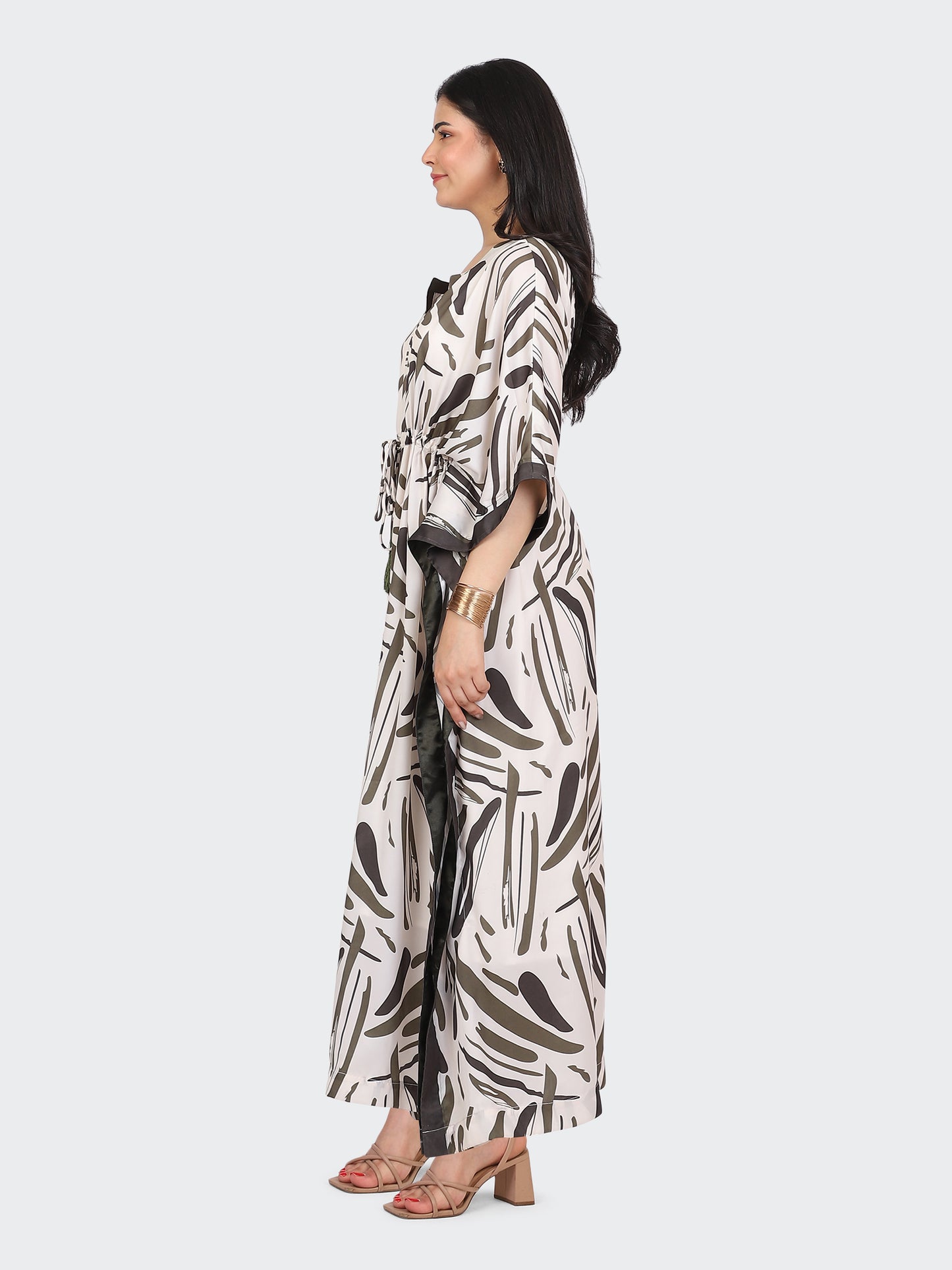FLOOR-LENGTH KAFTAN DRESS FEATURING STRING AT WAIST AND TASSELS-GREEN