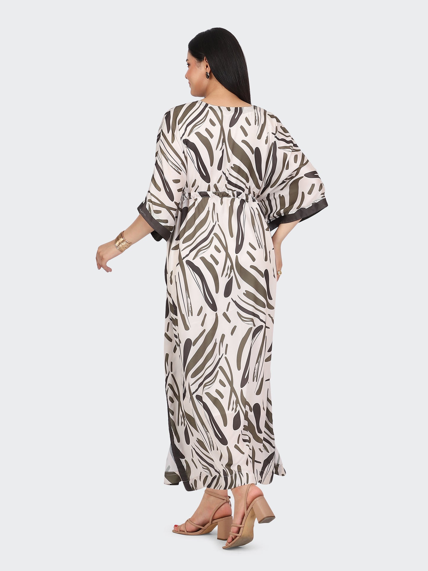FLOOR-LENGTH KAFTAN DRESS FEATURING STRING AT WAIST AND TASSELS-GREEN