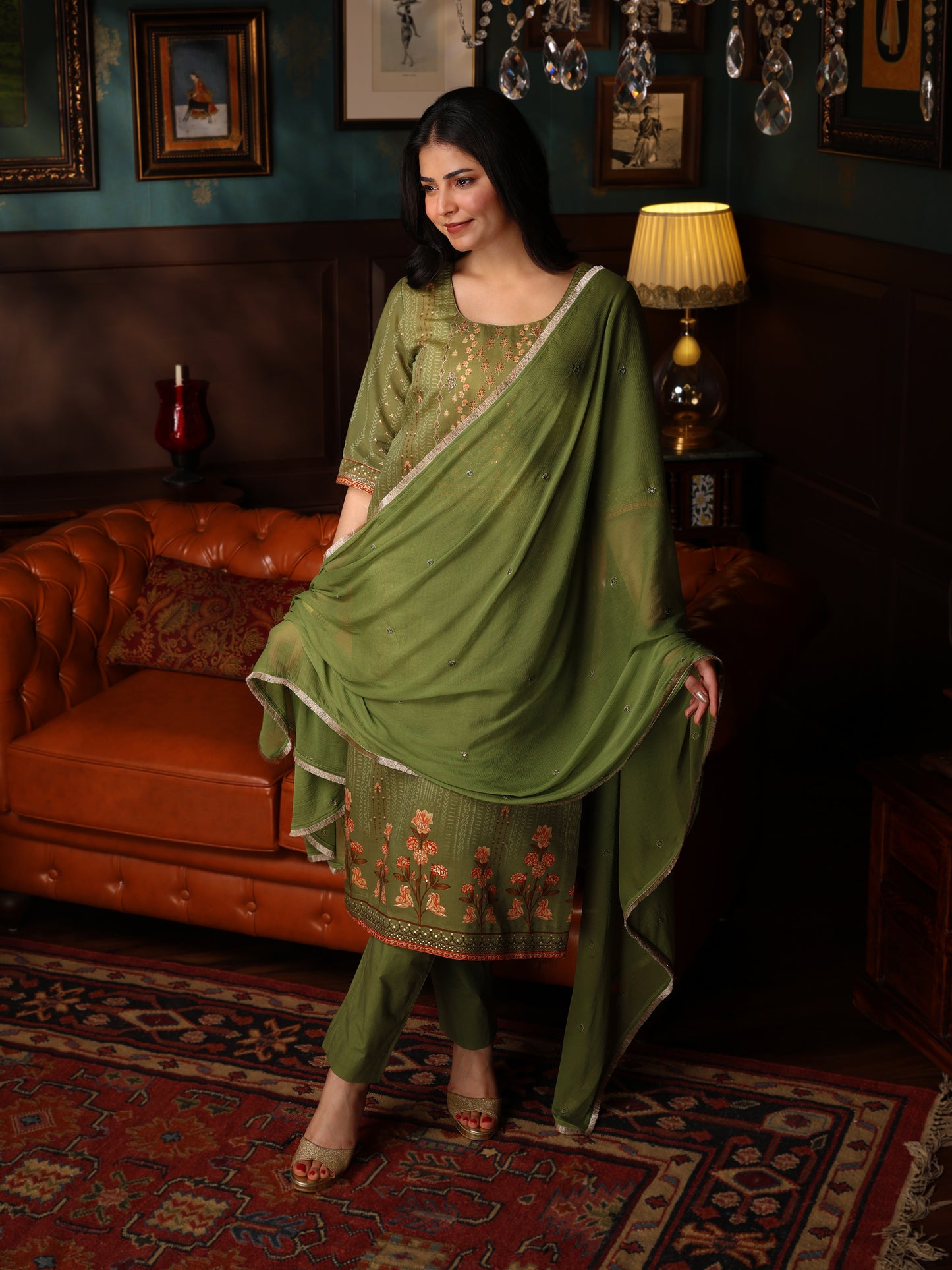 KURTA SET FEATURING HAND-EMBROIDERED FRONT, DUPATTA WITH HAND EMBROIDERY,LACE ALL AROUND-GREEN