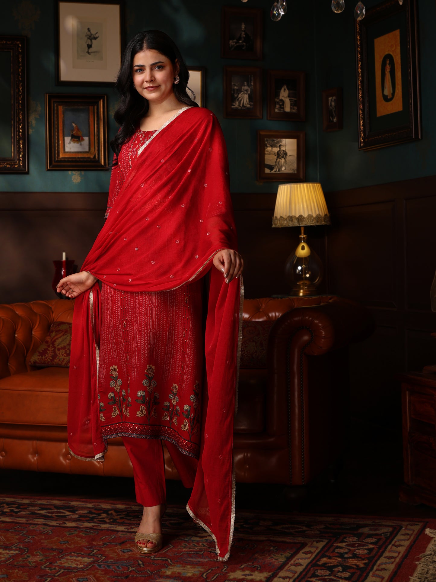 KURTA SET FEATURING HAND-EMBROIDERED FRONT, DUPATTA WITH HAND EMBROIDERY,LACE ALL AROUND-RED