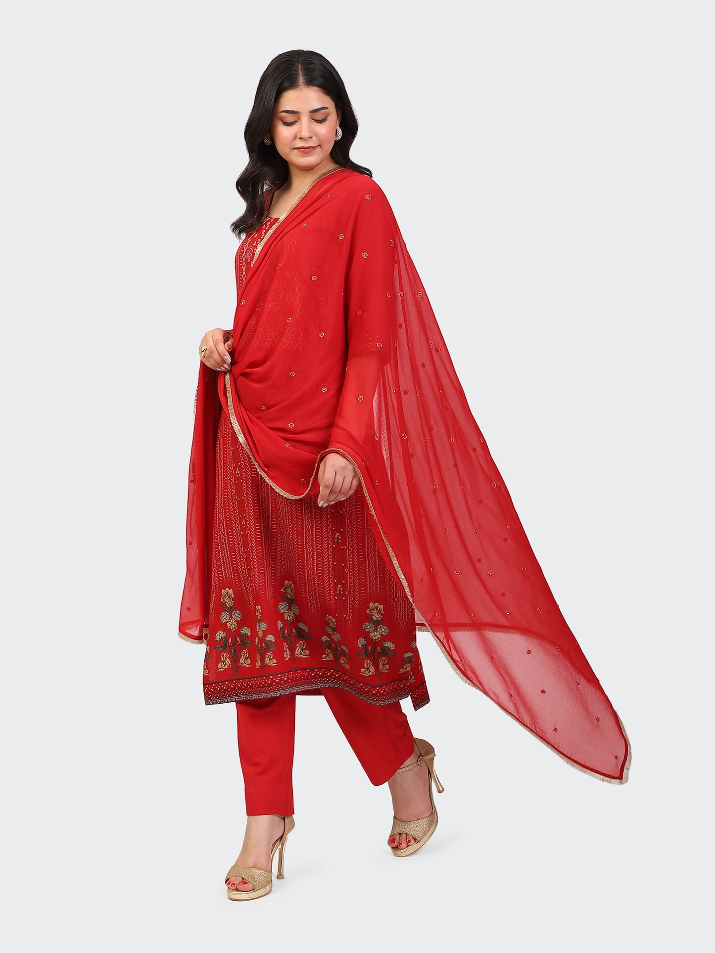 KURTA SET FEATURING HAND-EMBROIDERED FRONT, DUPATTA WITH HAND EMBROIDERY,LACE ALL AROUND-RED