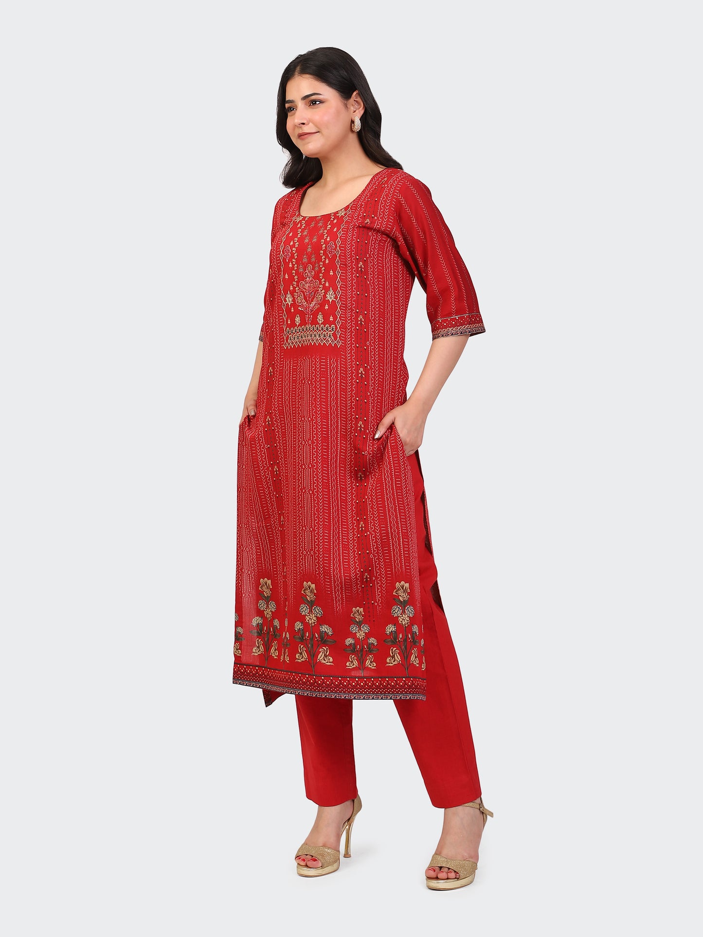KURTA SET FEATURING HAND-EMBROIDERED FRONT, DUPATTA WITH HAND EMBROIDERY,LACE ALL AROUND-RED