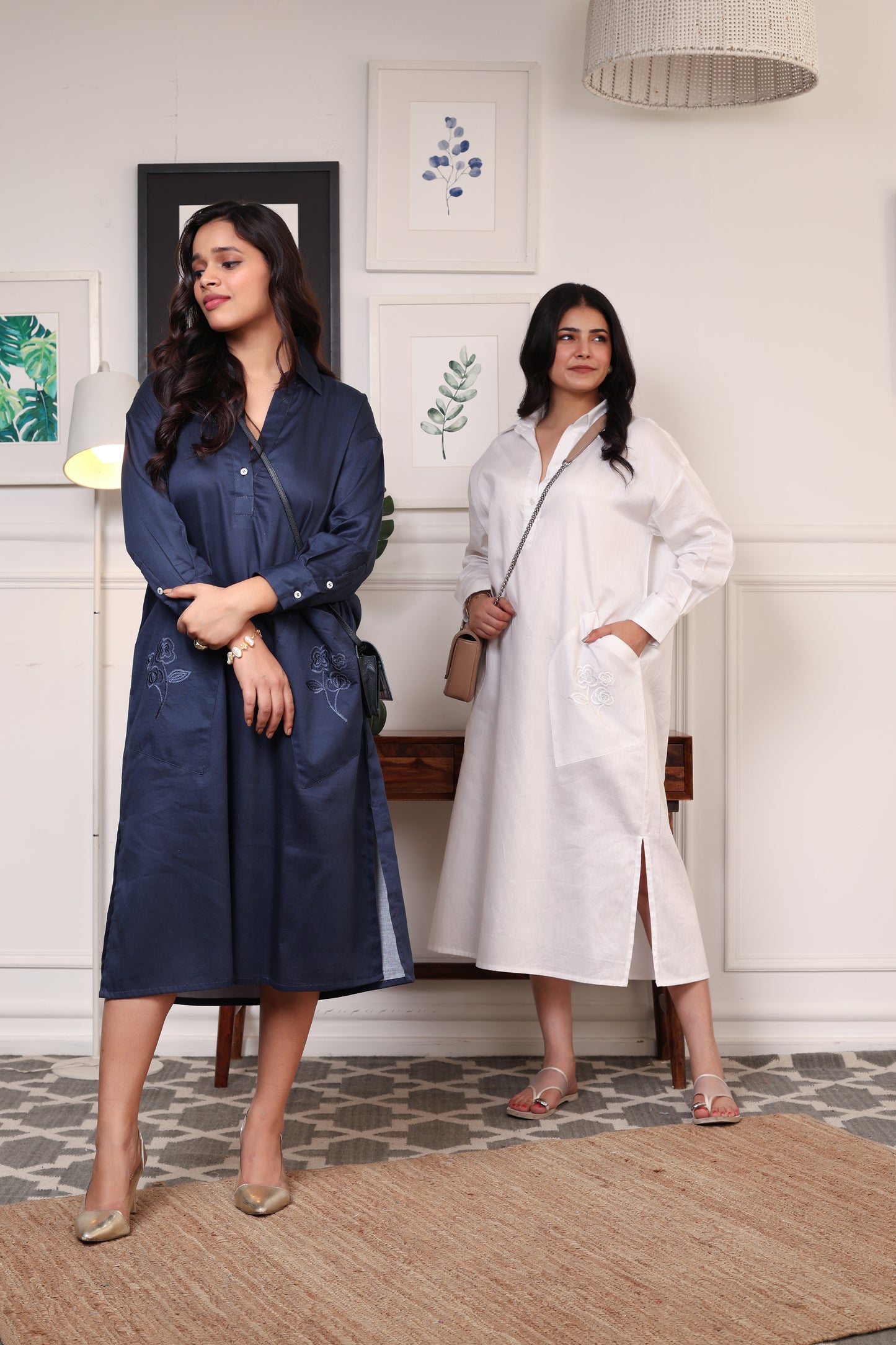 OVERSIZED CALF-LENGTH DRESS FEATURING EMBROIDERED POCKETS-WHITE