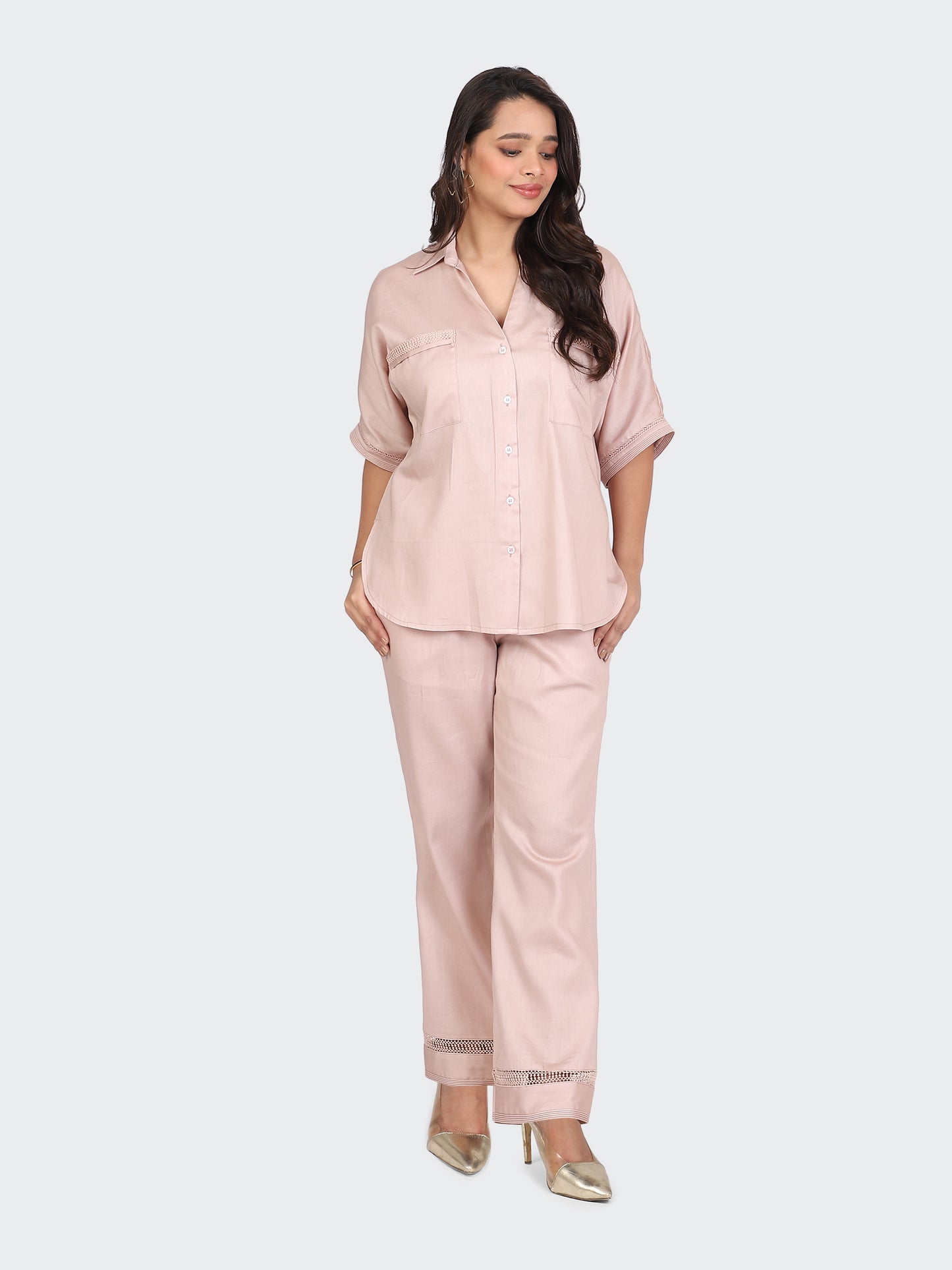 CO-ORDS DECORATIVE LACES ON POCKETS, SLEEVES, BACK, AND PANT BOTTOM-DUSTY ROSE