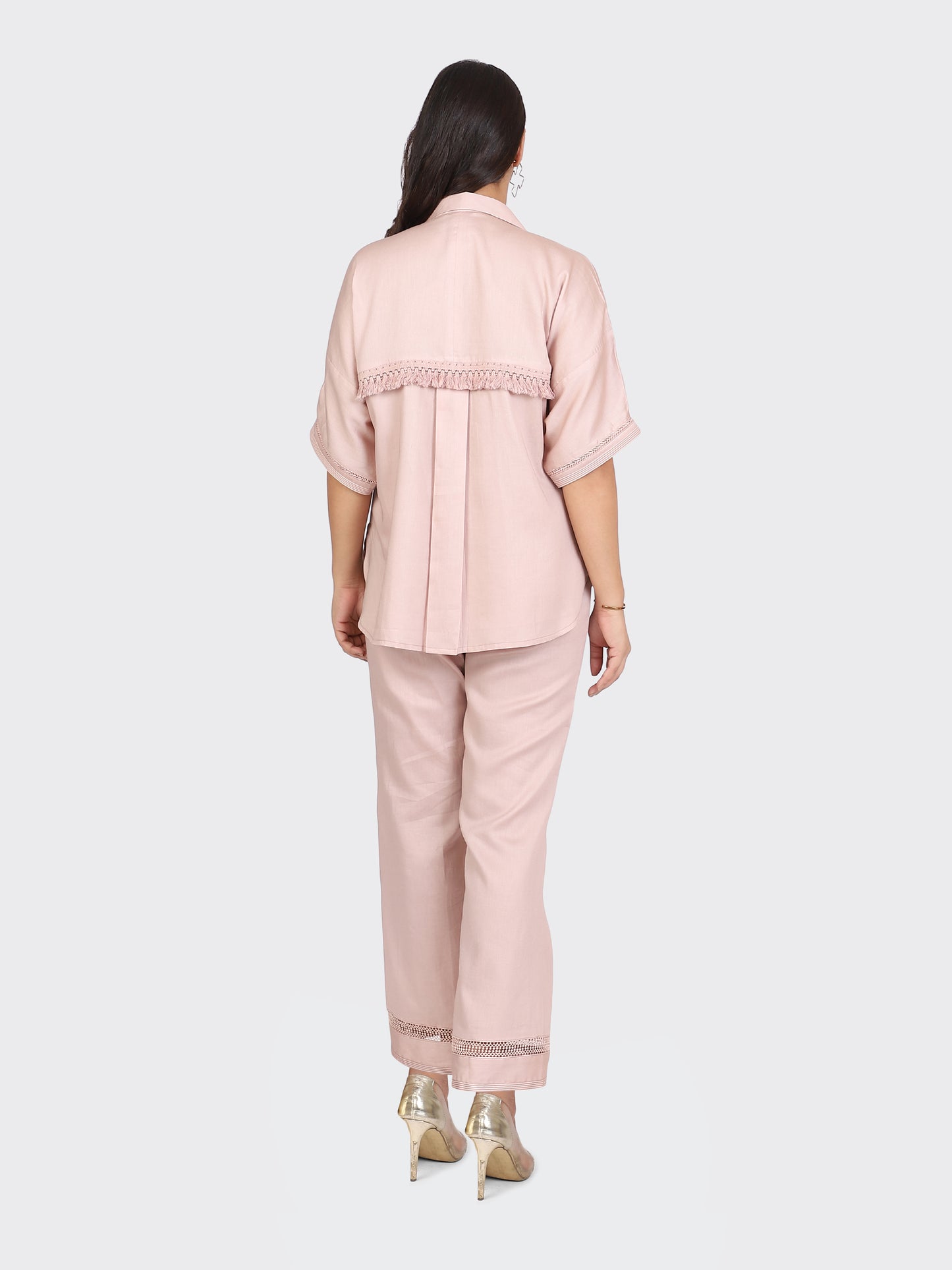 CO-ORDS DECORATIVE LACES ON POCKETS, SLEEVES, BACK, AND PANT BOTTOM-DUSTY ROSE