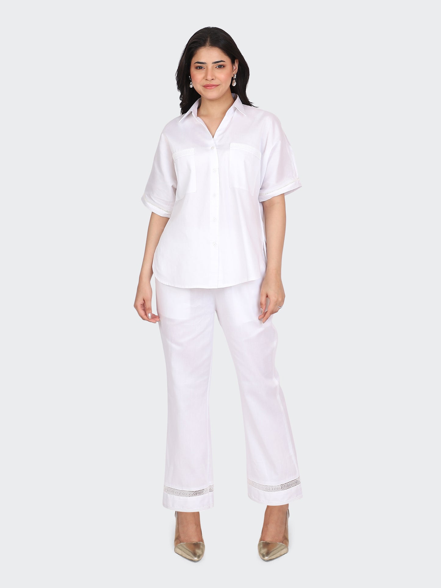 CO-ORDS DECORATIVE LACES ON POCKETS, SLEEVES, BACK, AND PANT BOTTOM-WHITE