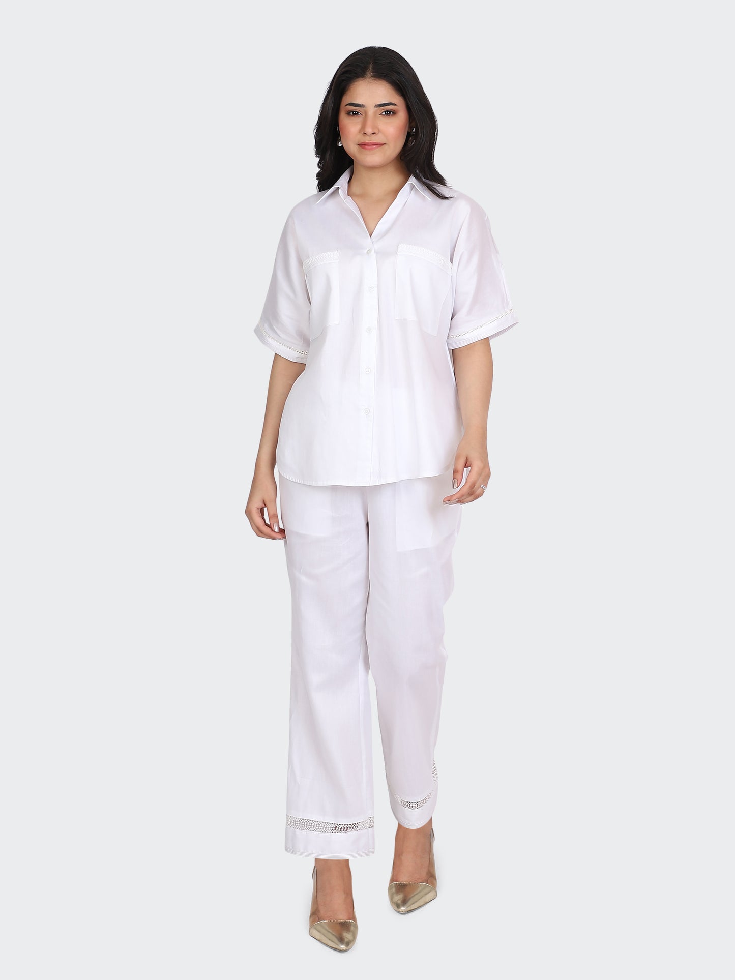 CO-ORDS DECORATIVE LACES ON POCKETS, SLEEVES, BACK, AND PANT BOTTOM-WHITE