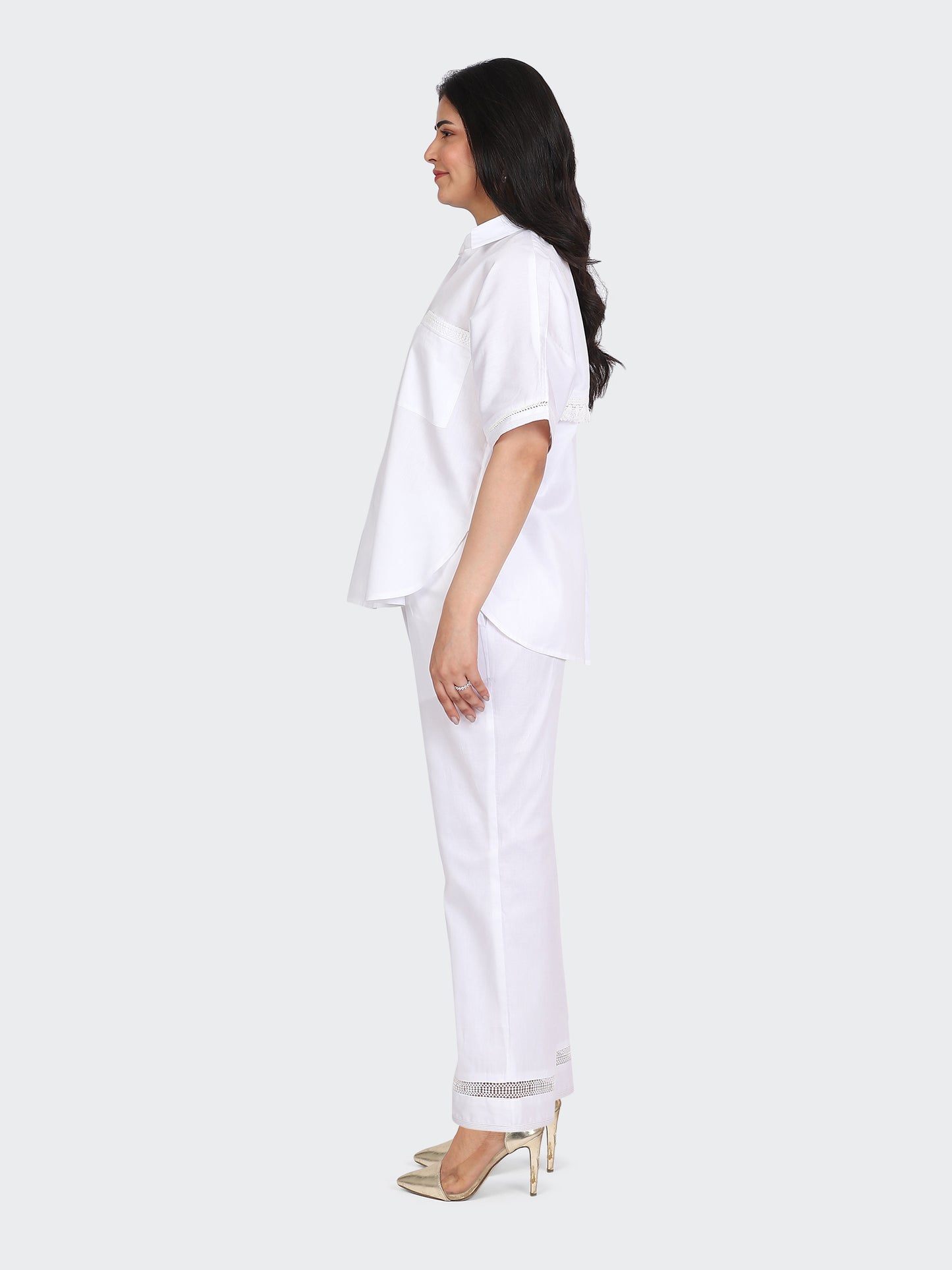 CO-ORDS DECORATIVE LACES ON POCKETS, SLEEVES, BACK, AND PANT BOTTOM-WHITE