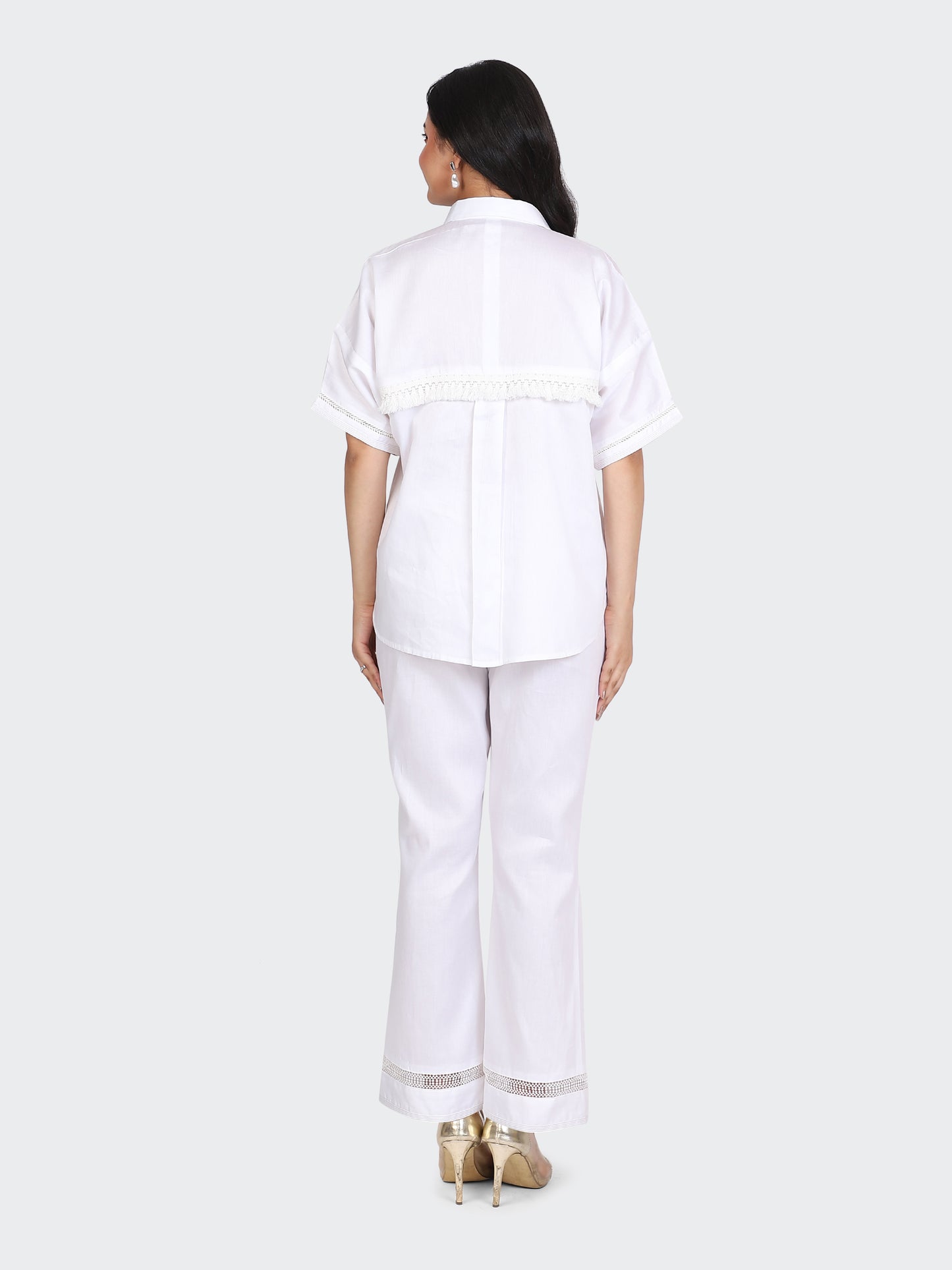 CO-ORDS DECORATIVE LACES ON POCKETS, SLEEVES, BACK, AND PANT BOTTOM-WHITE