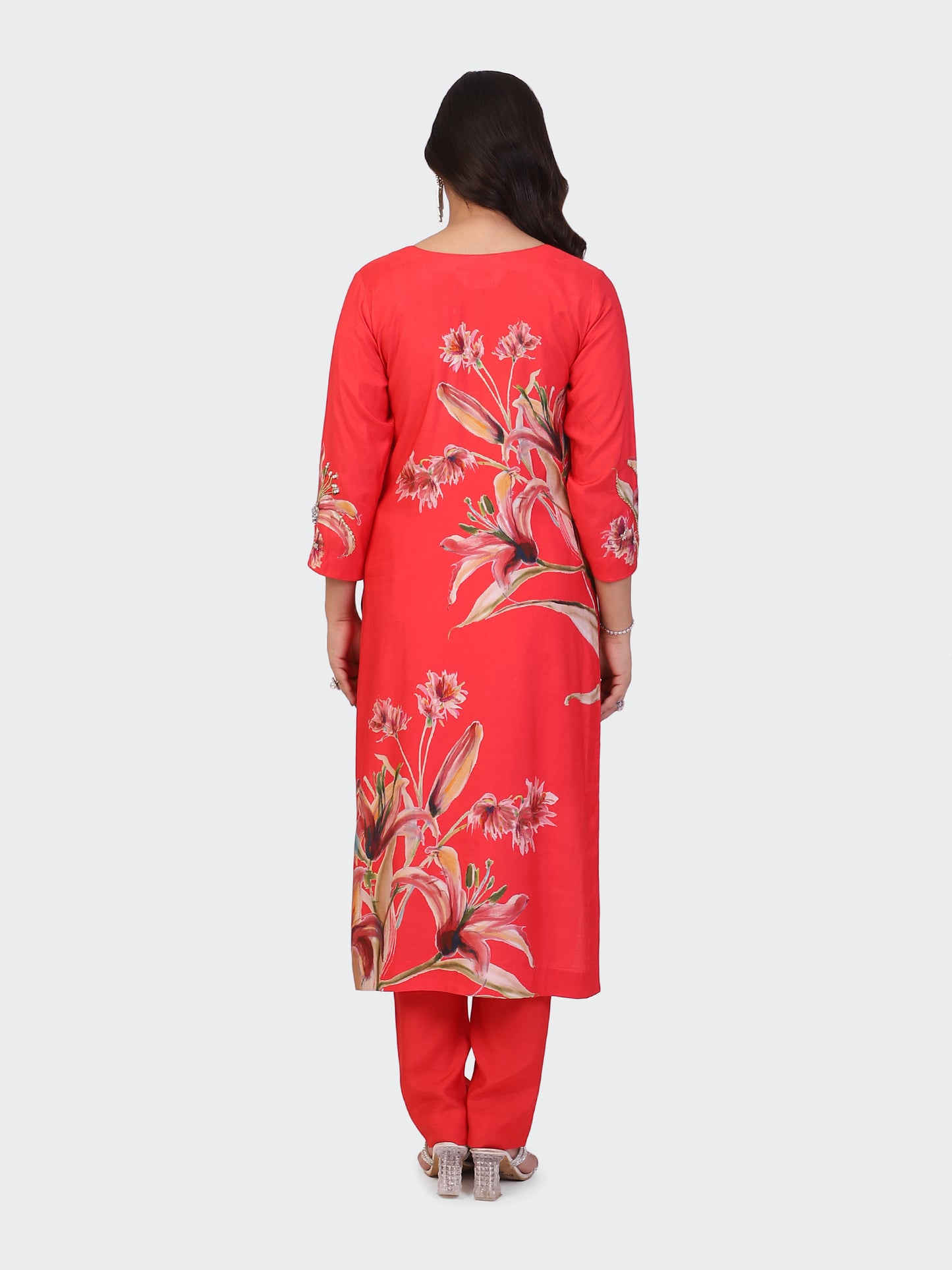 KURTA SET FEATURING HAND-EMBROIDERED FRONT, SLEEVES, AND DUPATTA-RED
