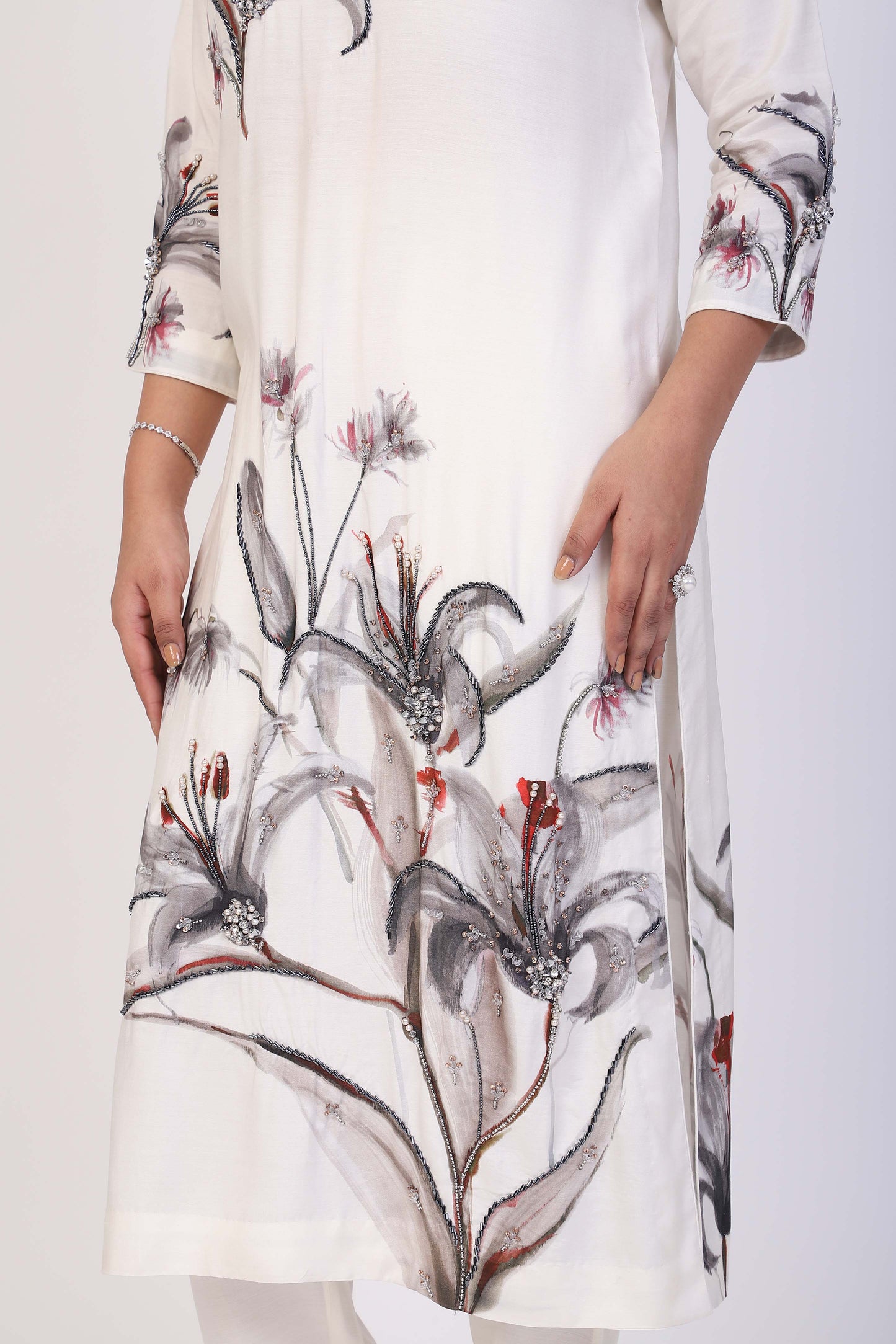 KURTA SET FEATURING HAND-EMBROIDERED FRONT, SLEEVES, AND DUPATTA-WHITE