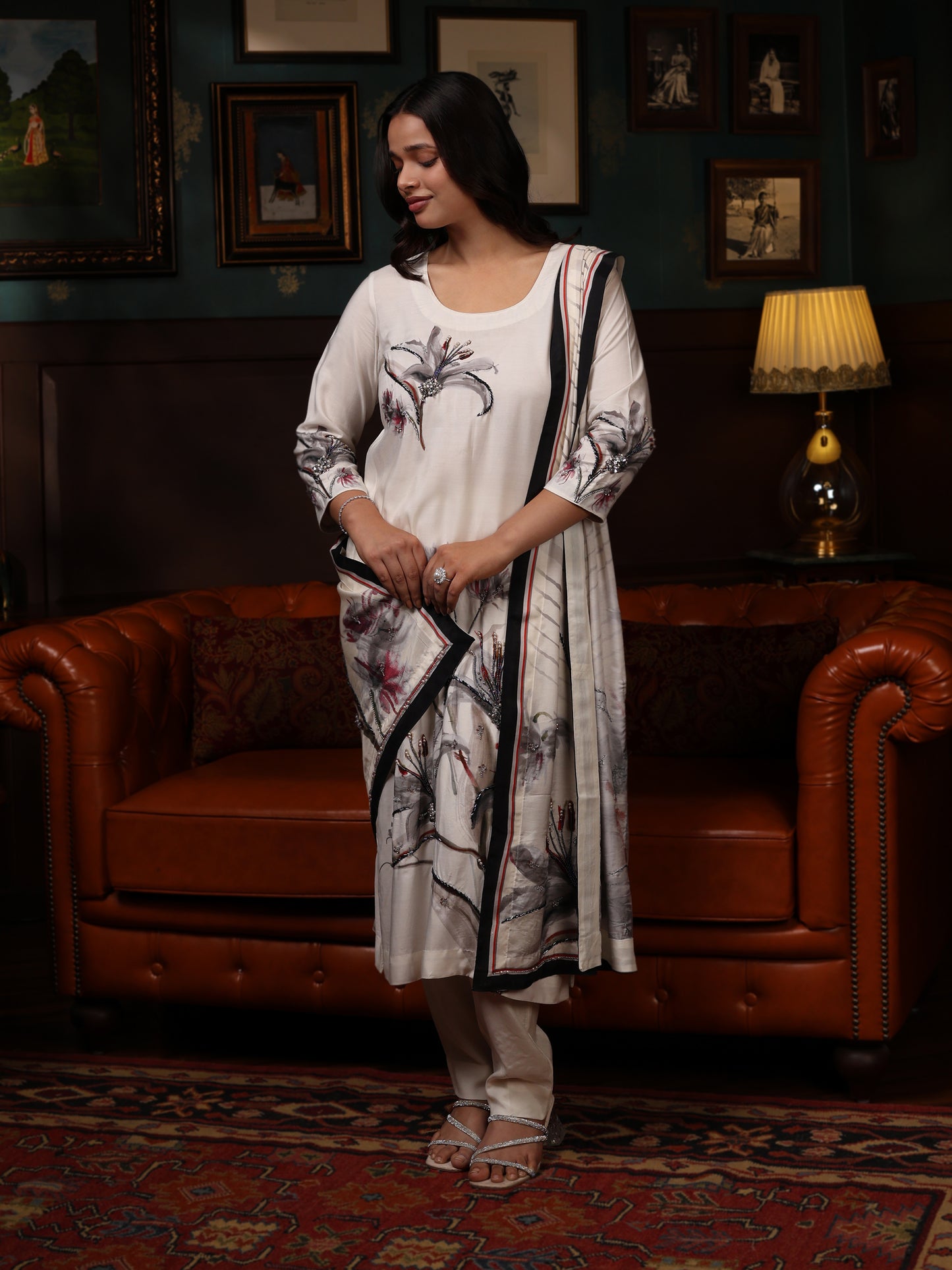 KURTA SET FEATURING HAND-EMBROIDERED FRONT, SLEEVES, AND DUPATTA-WHITE
