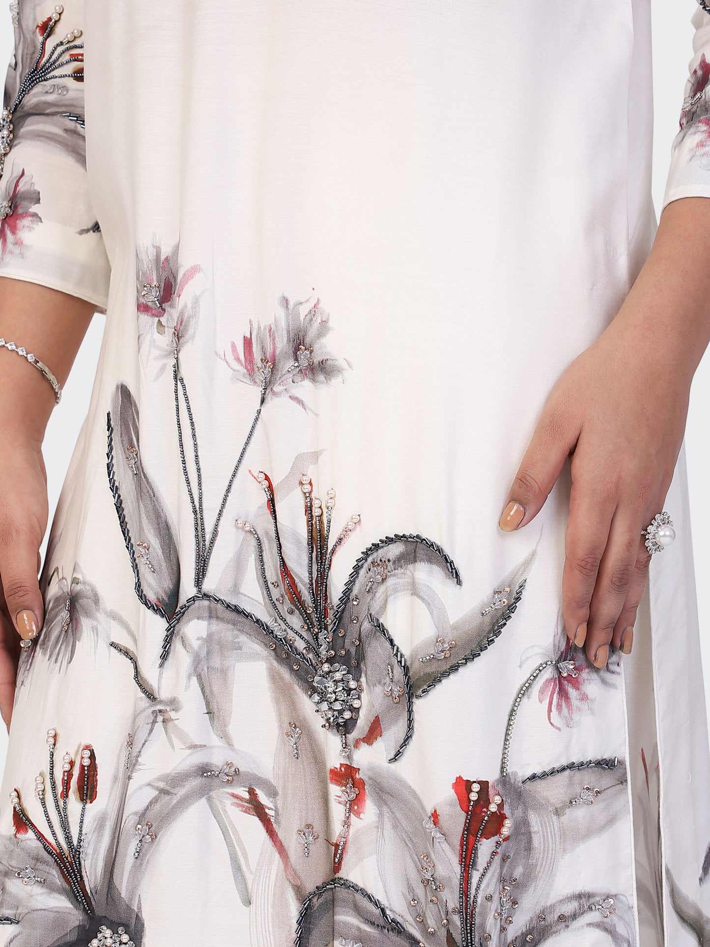KURTA SET FEATURING HAND-EMBROIDERED FRONT, SLEEVES, AND DUPATTA-WHITE