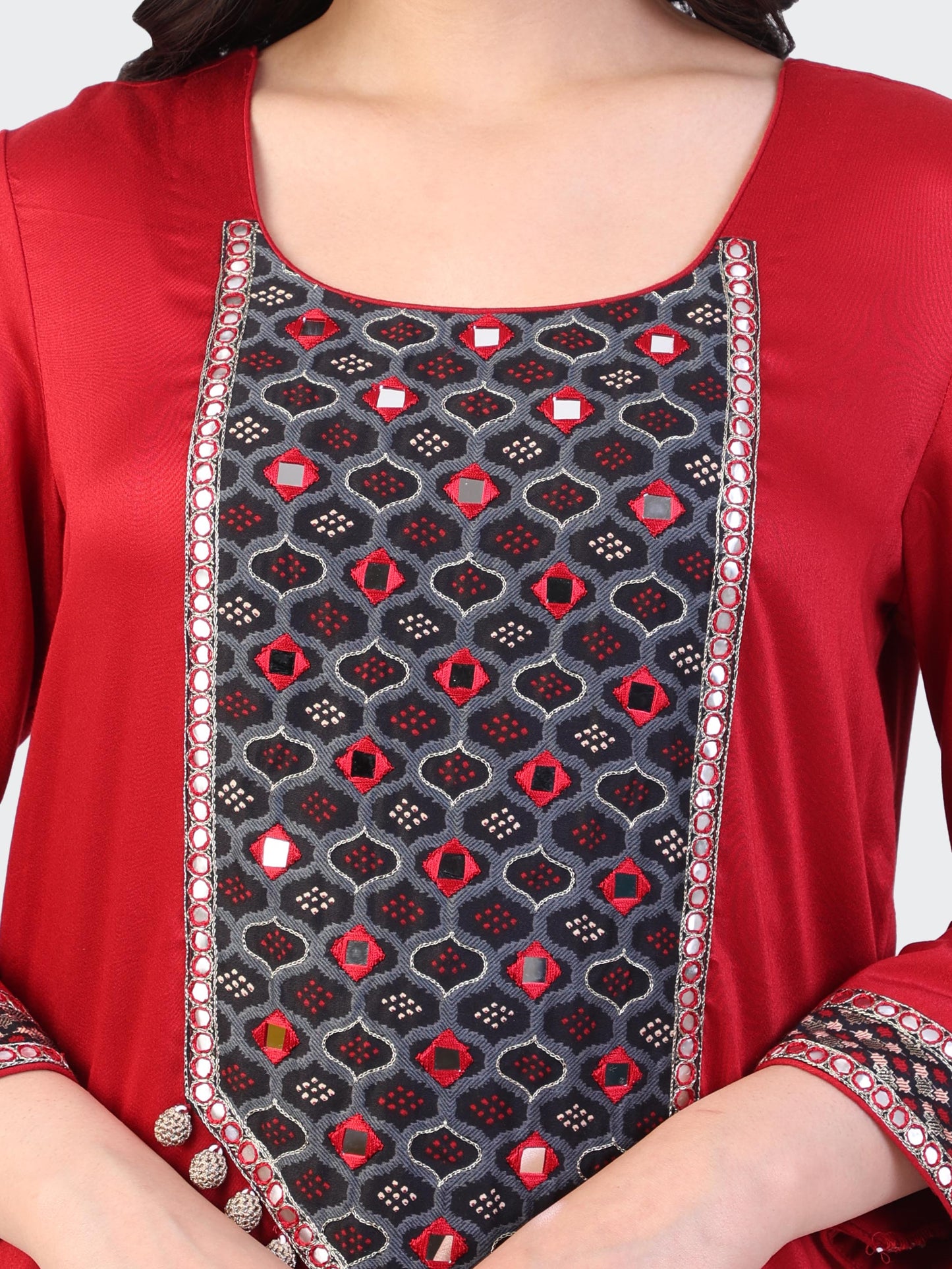 KURTA SET FEATURING HAND-EMBROIDERED FRONT, SLEEVES, AND DUPATTA-MAROON